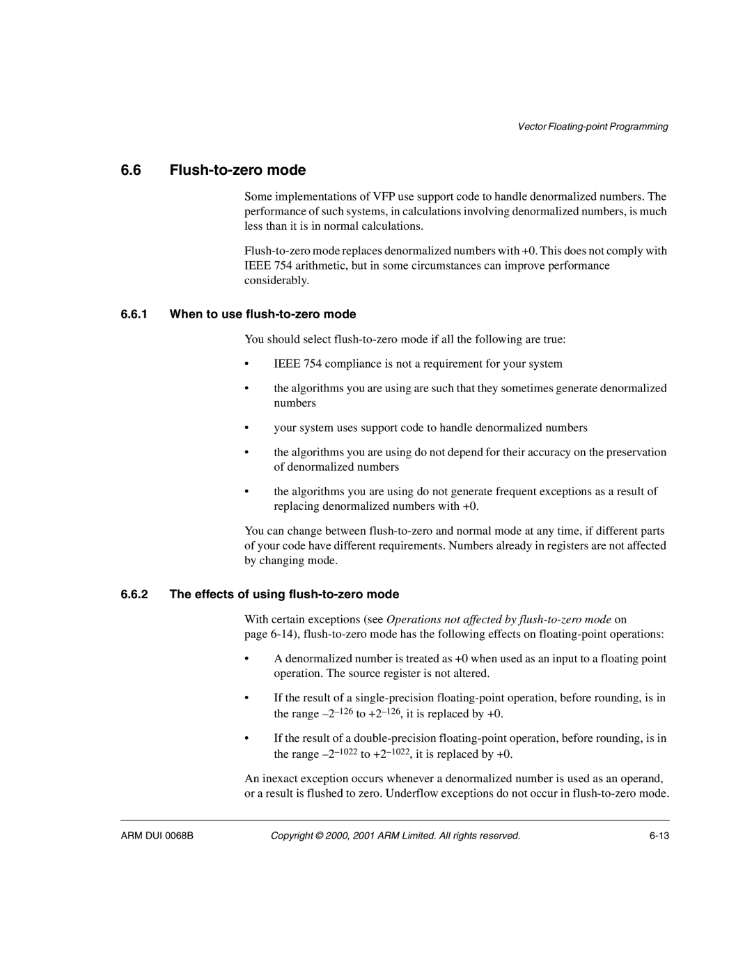 ARM VERSION 1.2 manual Flush-to-zero mode, When to use flush-to-zero mode, Effects of using flush-to-zero mode 