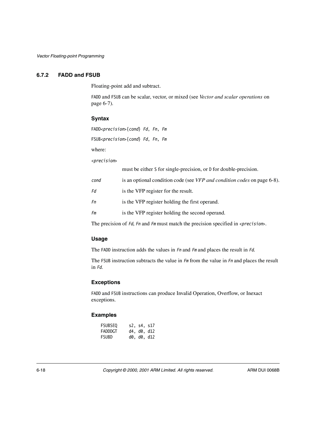 ARM VERSION 1.2 manual Fadd and Fsub, Is the VFP register for the result, Is the VFP register holding the first operand 