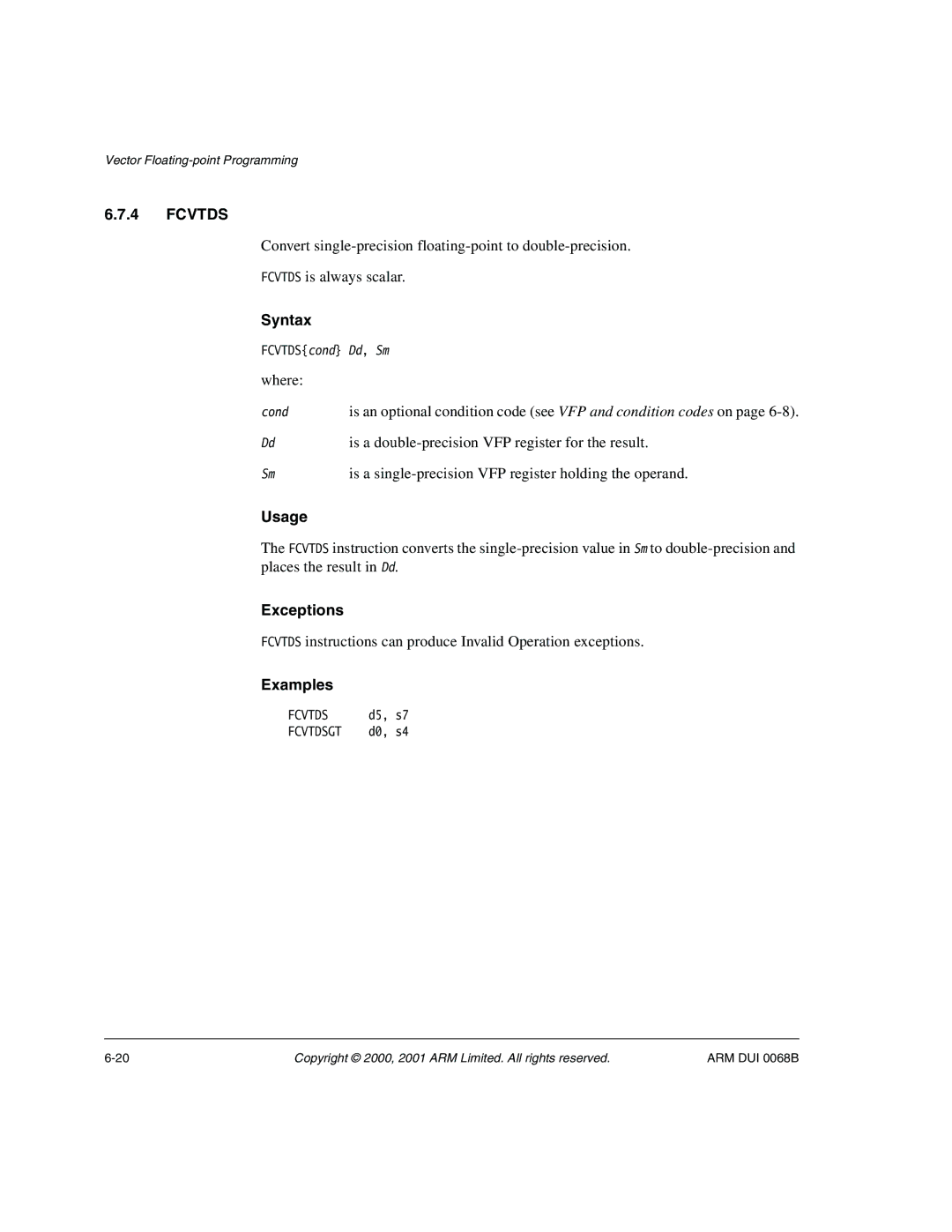 ARM VERSION 1.2 manual Fcvtds, Is a double-precision VFP register for the result 