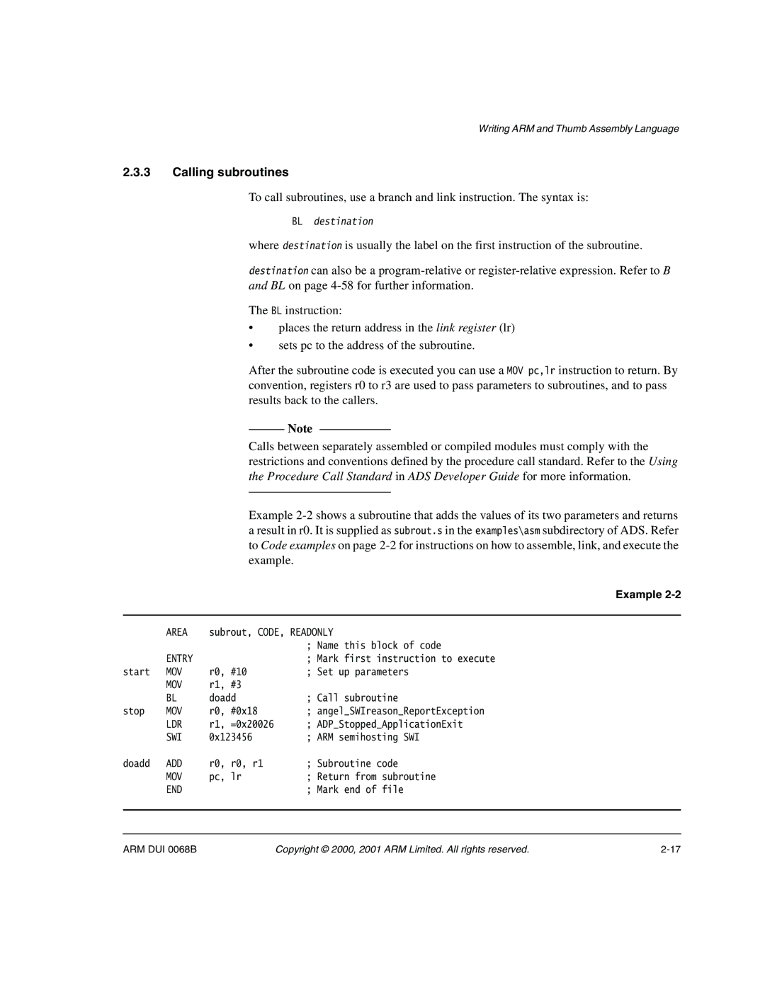 ARM VERSION 1.2 manual Calling subroutines 