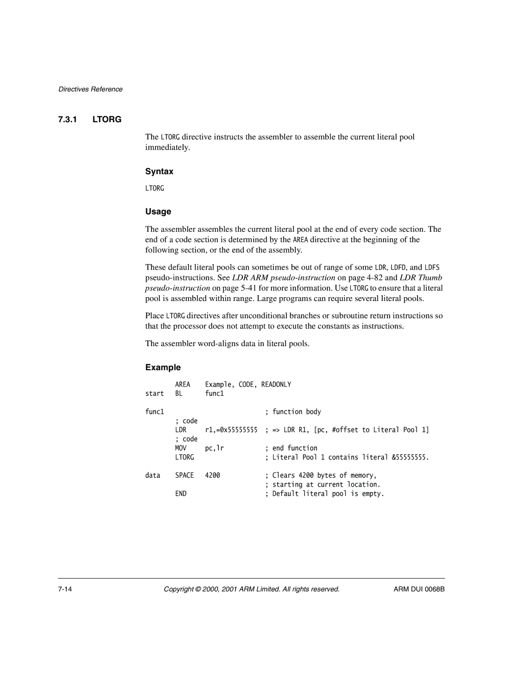 ARM VERSION 1.2 manual Ltorg, Syntax 