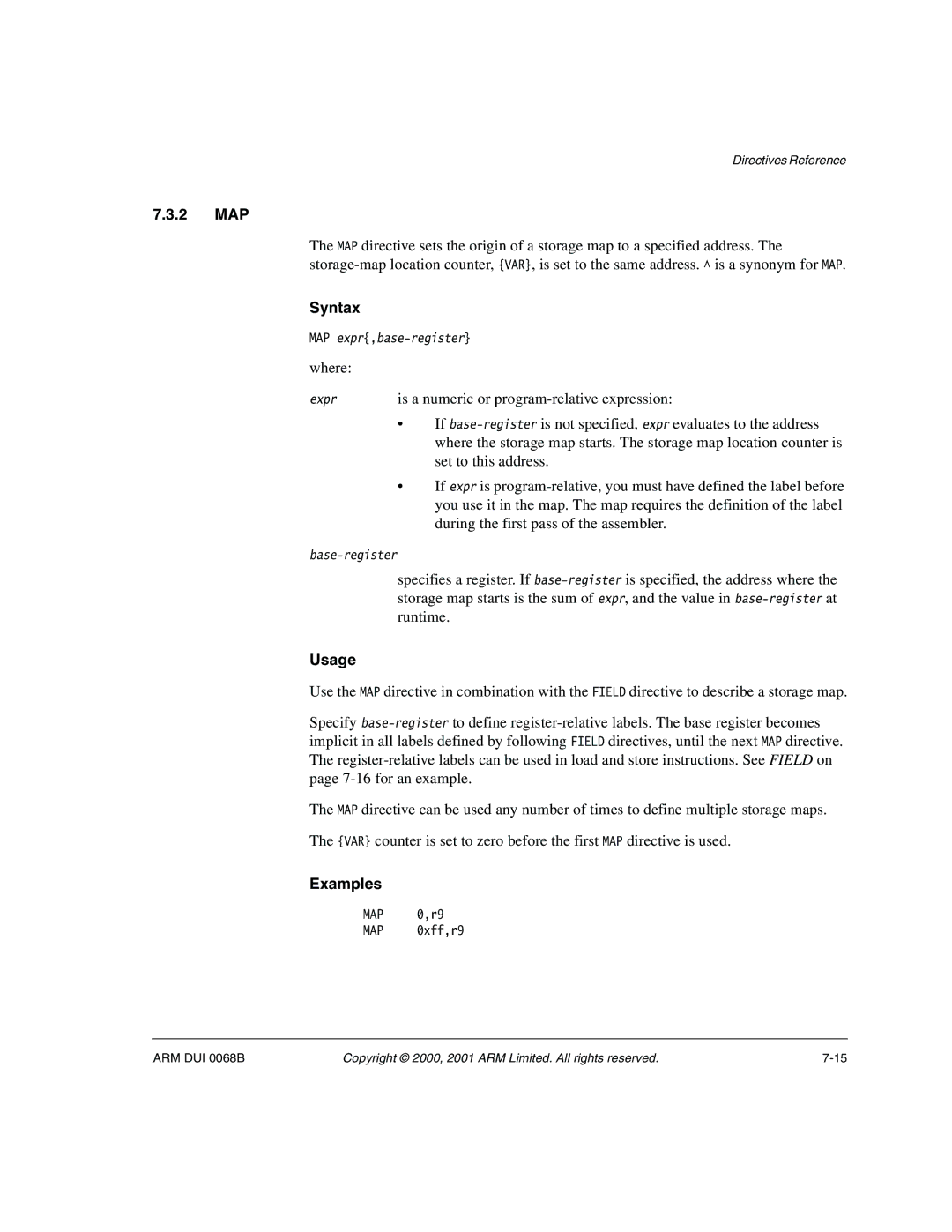 ARM VERSION 1.2 manual 2 MAP, Is a numeric or program-relative expression, Set to this address 