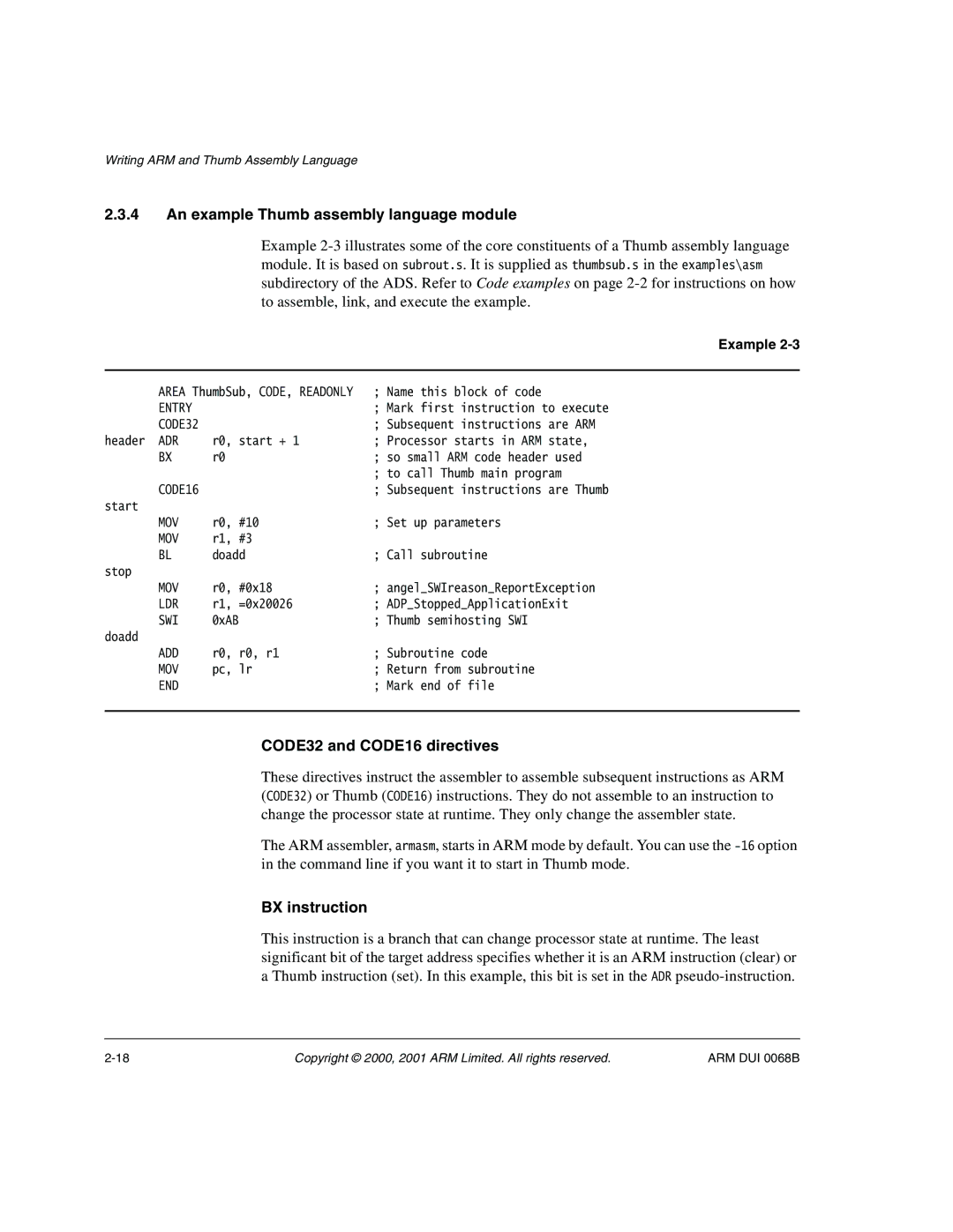 ARM VERSION 1.2 manual An example Thumb assembly language module, CODE32 and CODE16 directives, BX instruction 