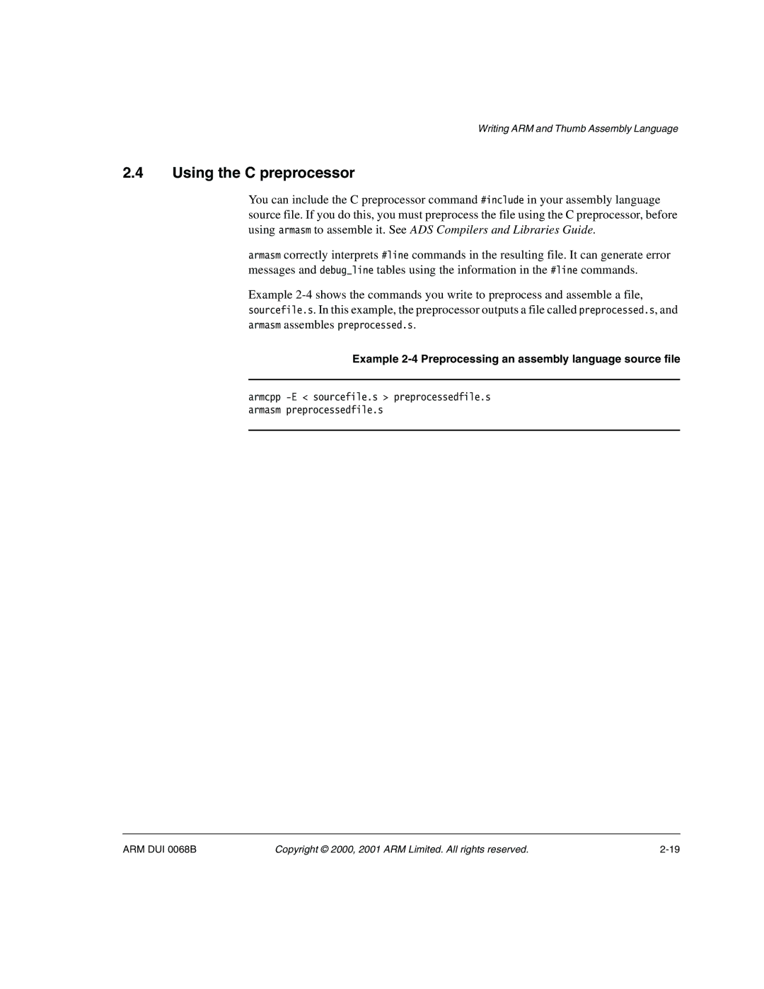 ARM VERSION 1.2 manual Using the C preprocessor, Example 2-4 Preprocessing an assembly language source file 