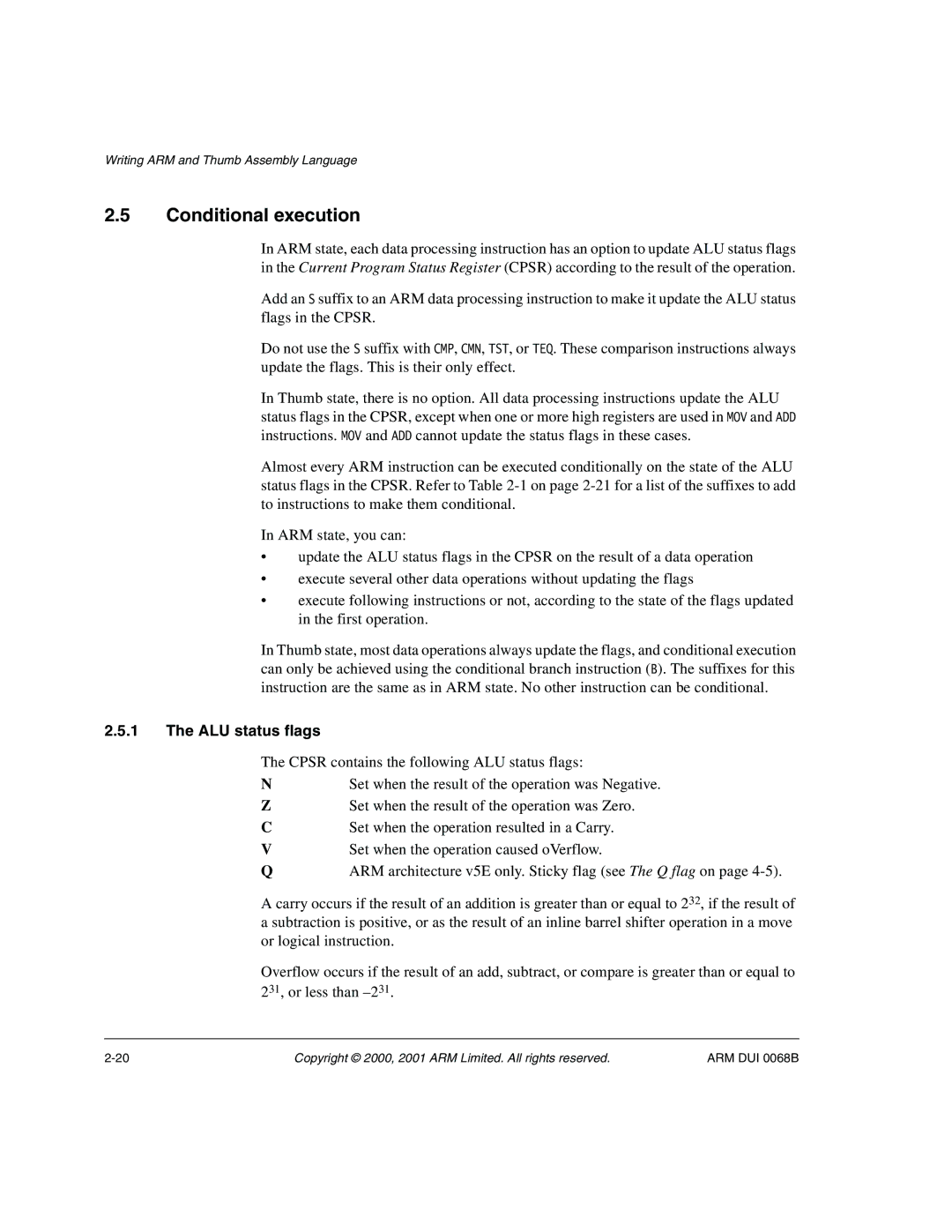 ARM VERSION 1.2 manual Conditional execution, ALU status flags 