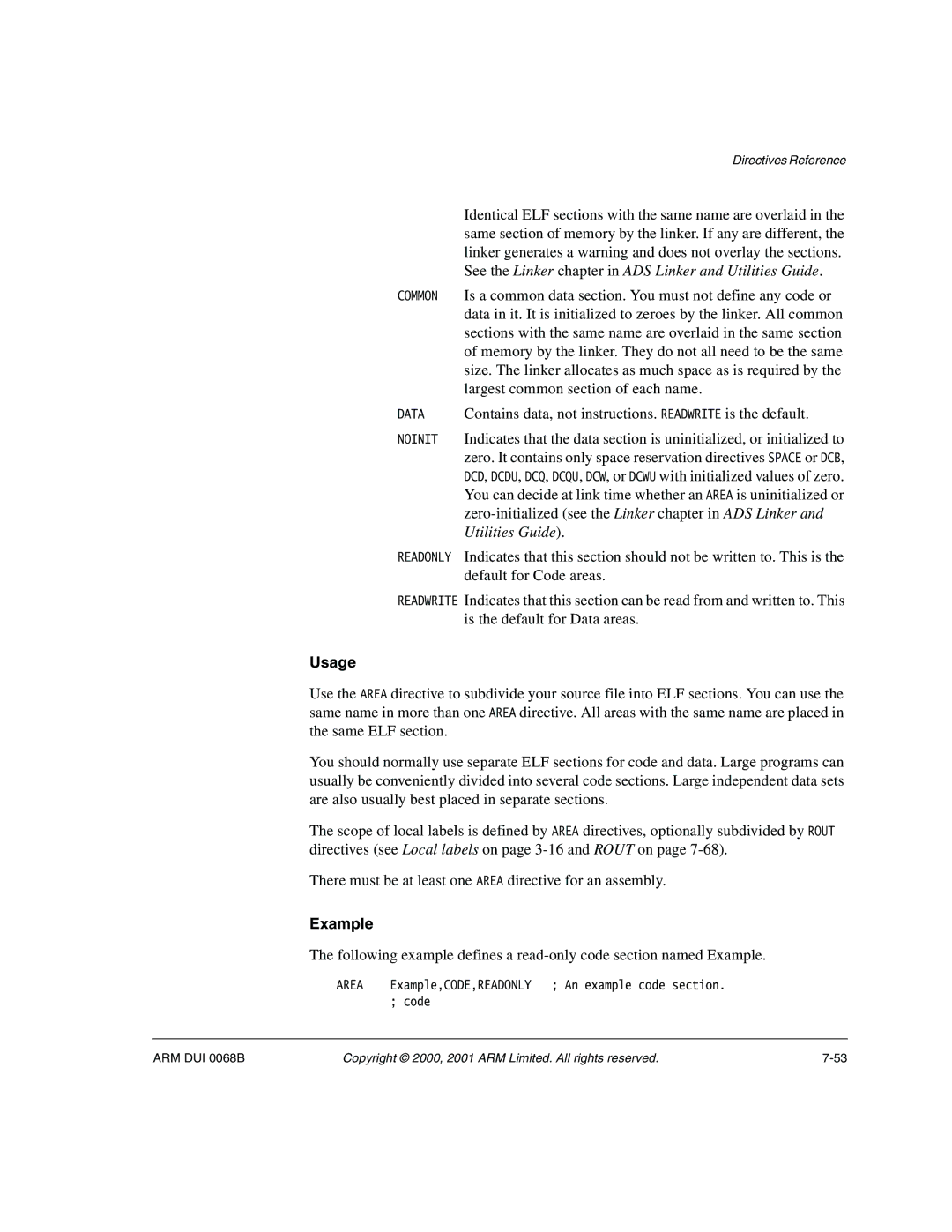 ARM VERSION 1.2 manual Example,CODE,READONLY An example code section 