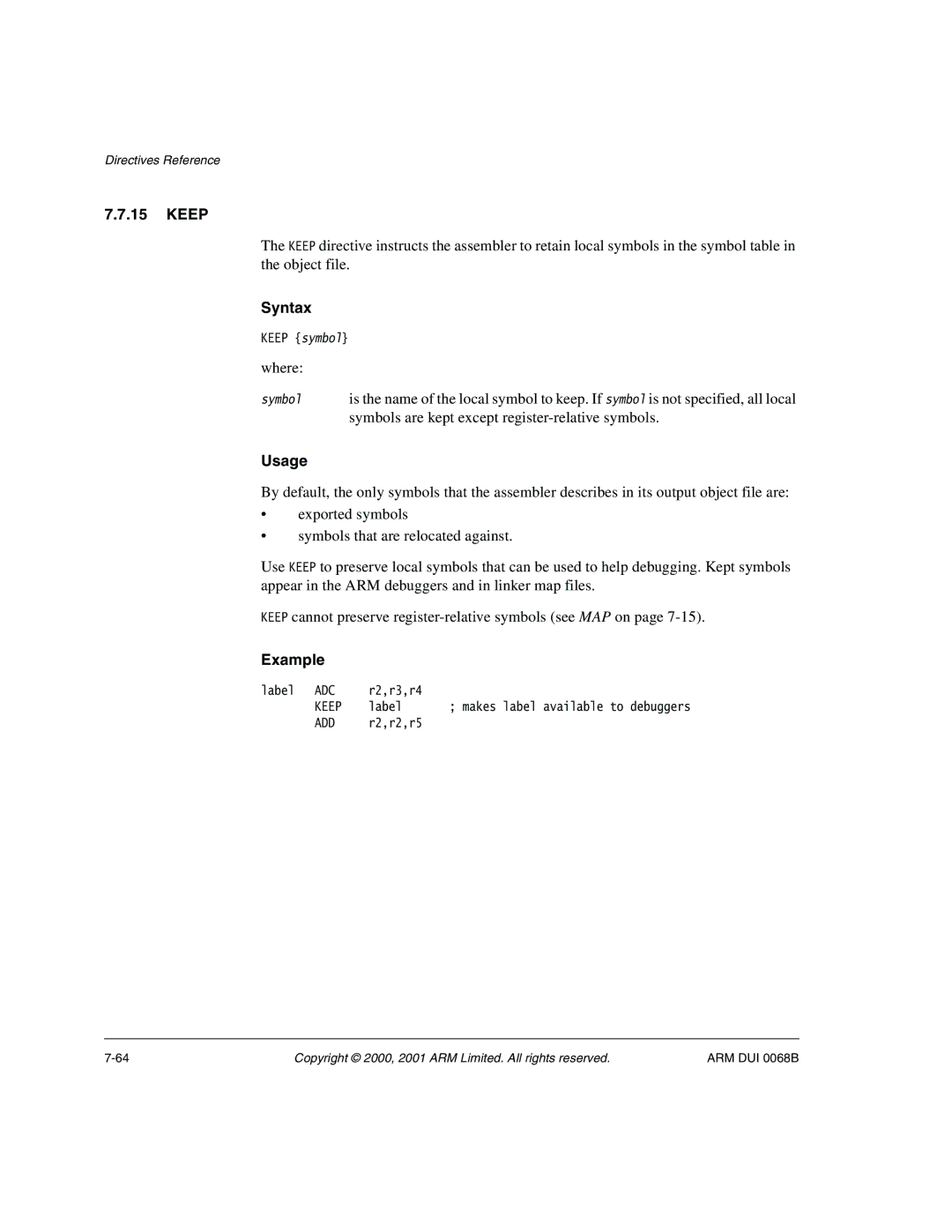 ARM VERSION 1.2 manual Keep, Symbols are kept except register-relative symbols 