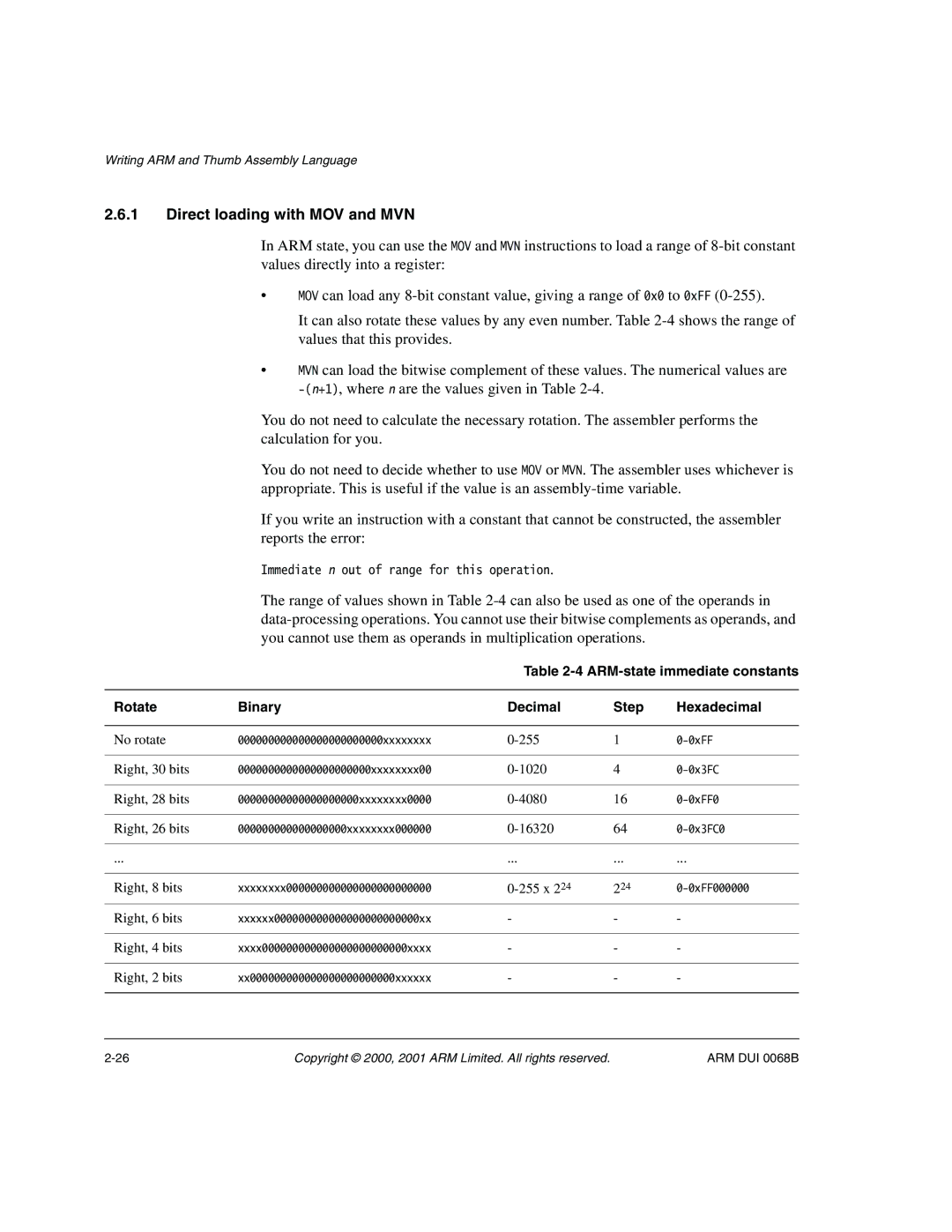 ARM VERSION 1.2 manual Direct loading with MOV and MVN, Right, 2 bits 