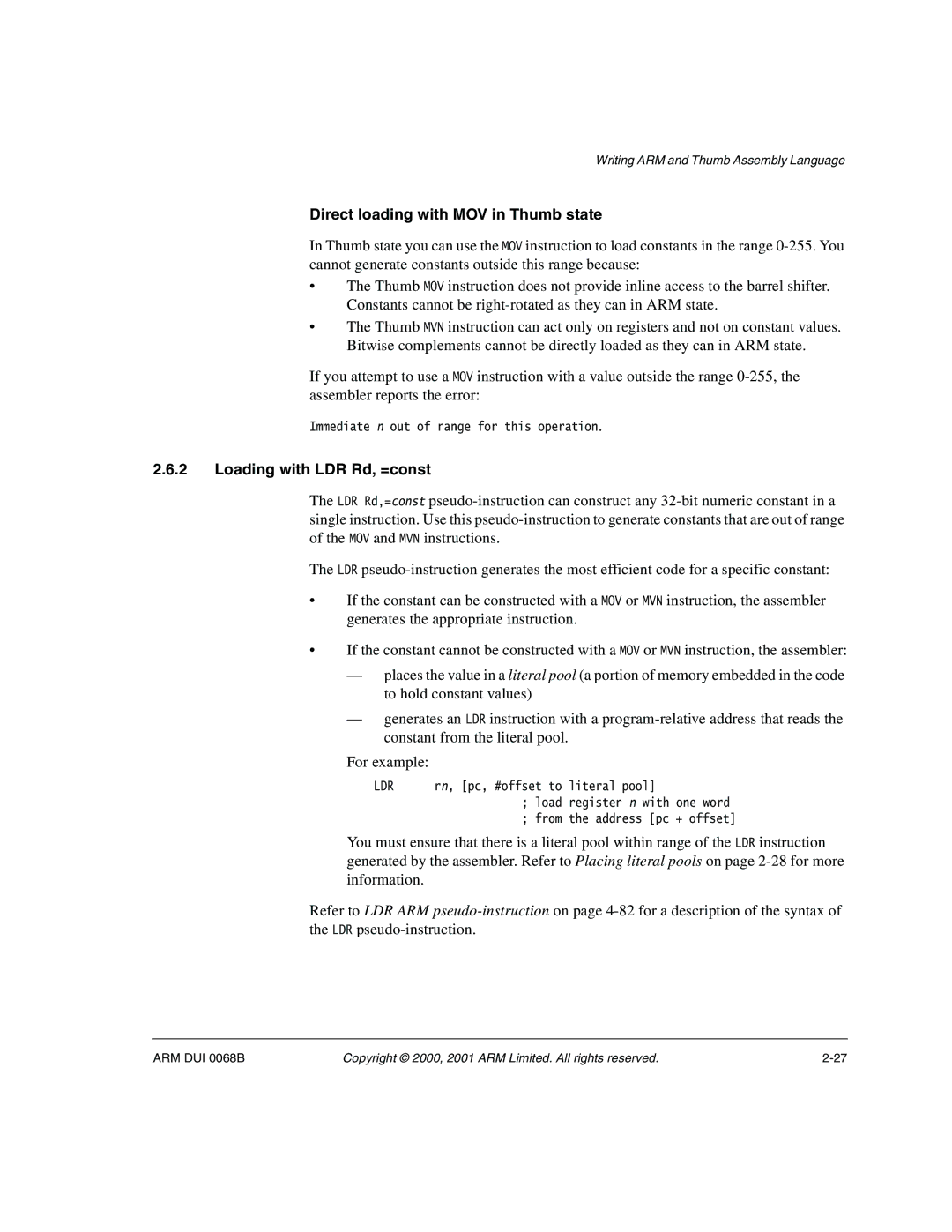 ARM VERSION 1.2 manual Direct loading with MOV in Thumb state, Loading with LDR Rd, =const 