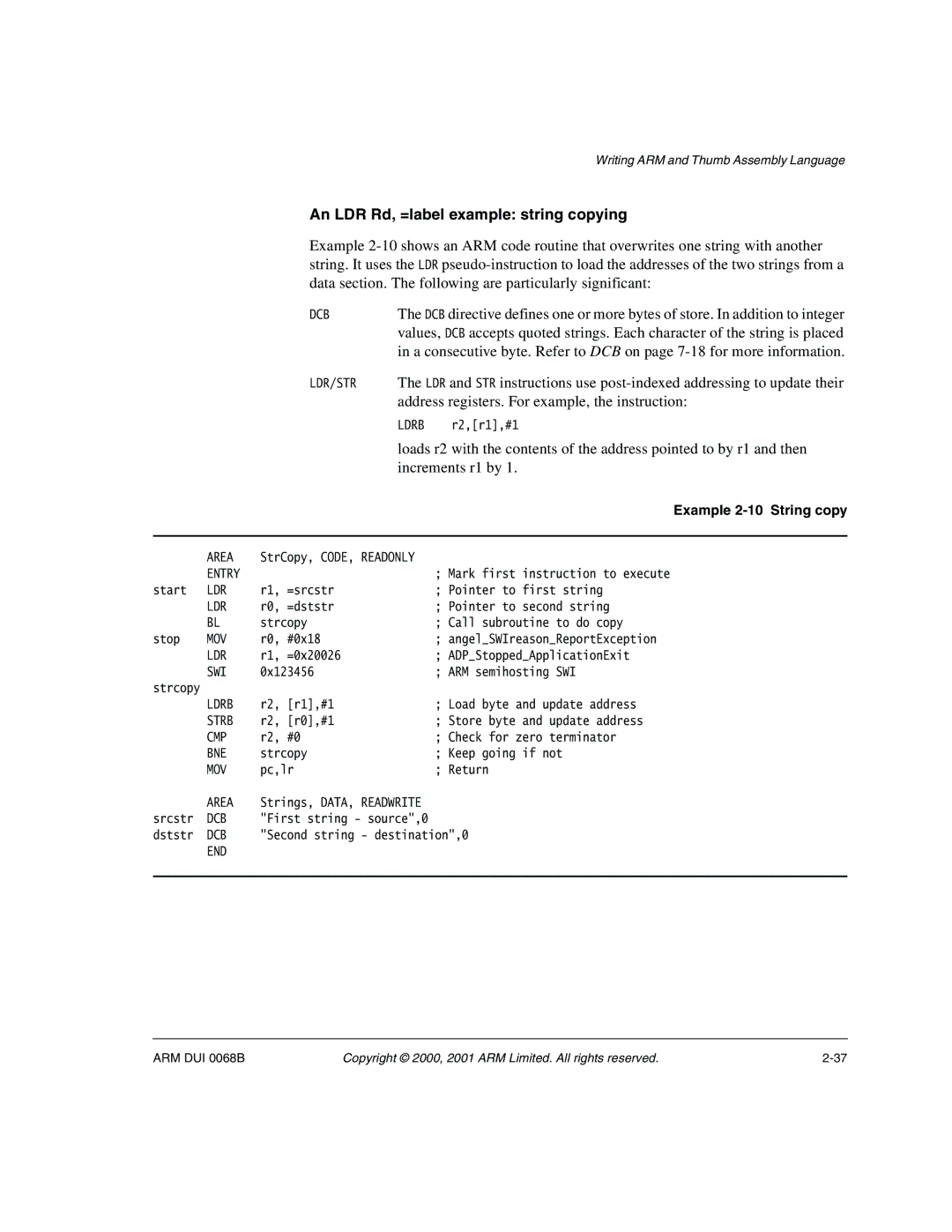 ARM VERSION 1.2 manual An LDR Rd, =label example string copying, Address registers. For example, the instruction 