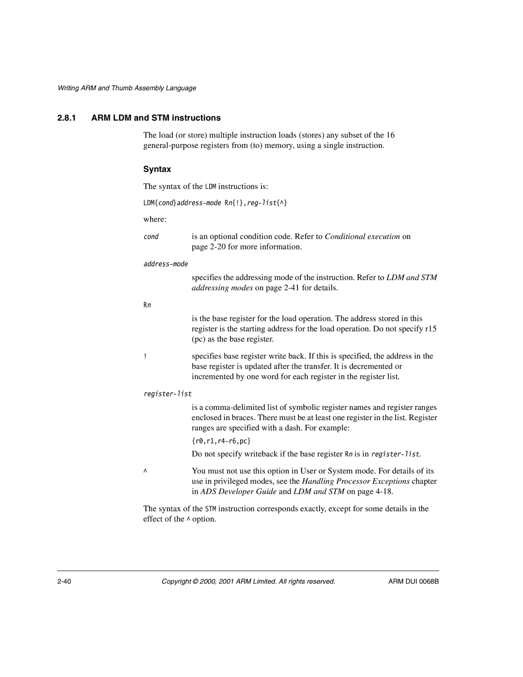 ARM VERSION 1.2 manual ARM LDM and STM instructions, Syntax of the LDM instructions is, Where, for more information 