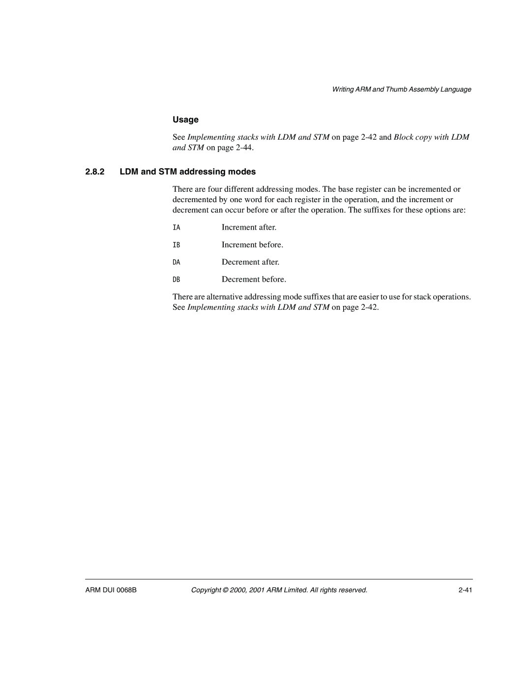 ARM VERSION 1.2 manual Usage, LDM and STM addressing modes 