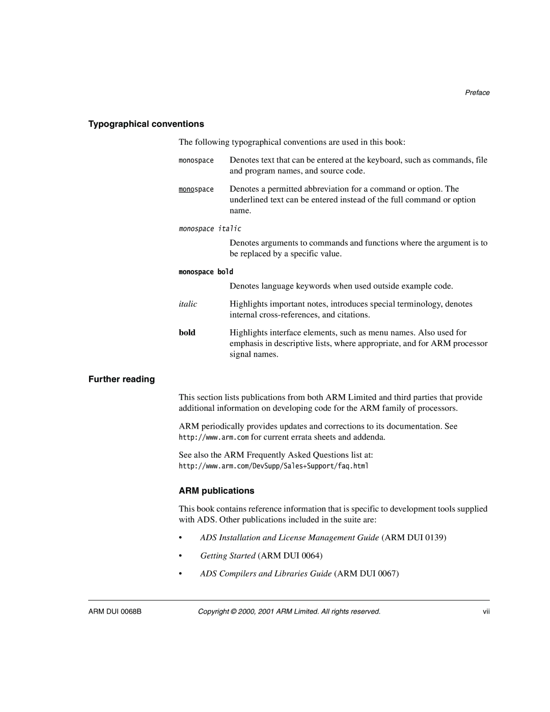 ARM VERSION 1.2 manual Typographical conventions, Italic, Further reading, ARM publications 