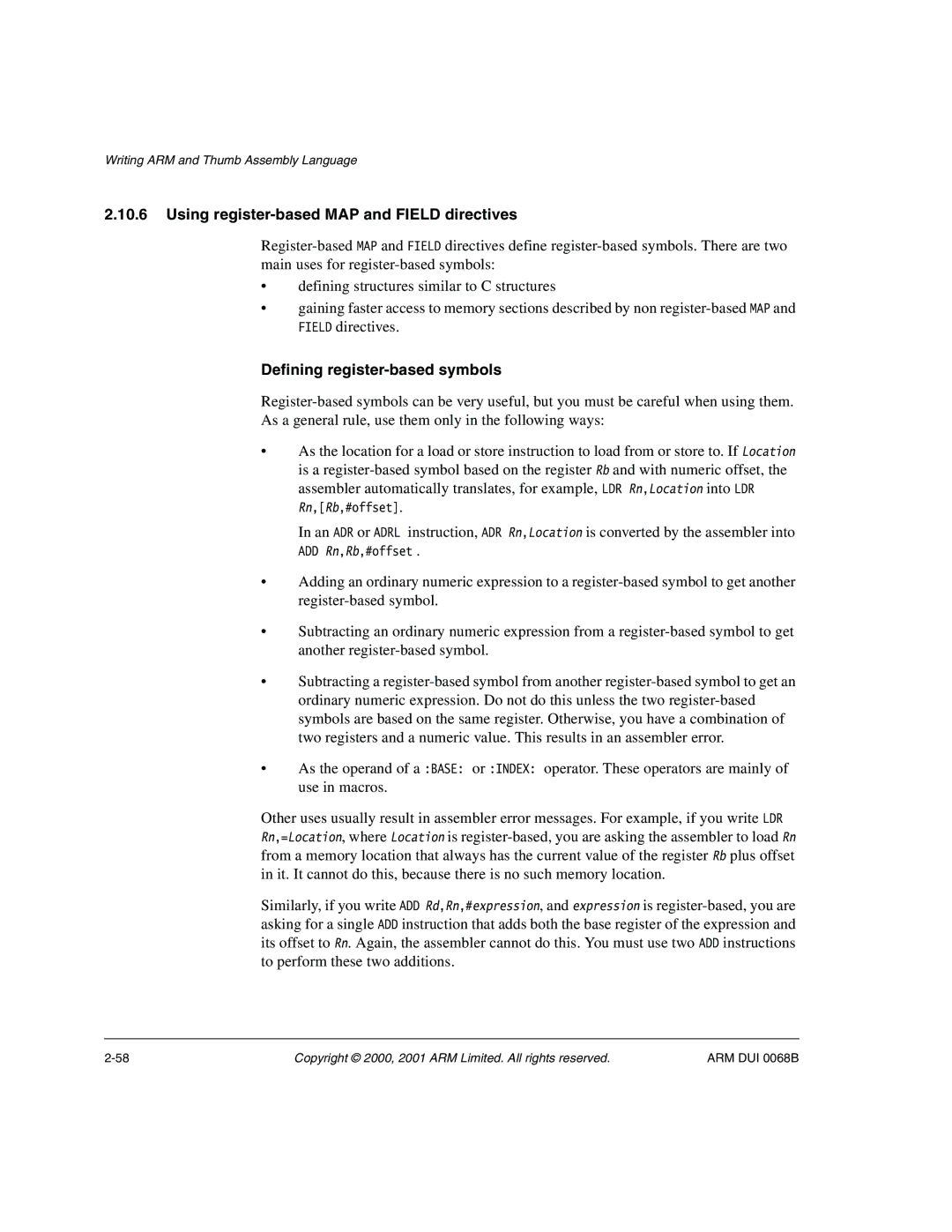 ARM VERSION 1.2 manual Using register-based MAP and Field directives, Defining register-based symbols 