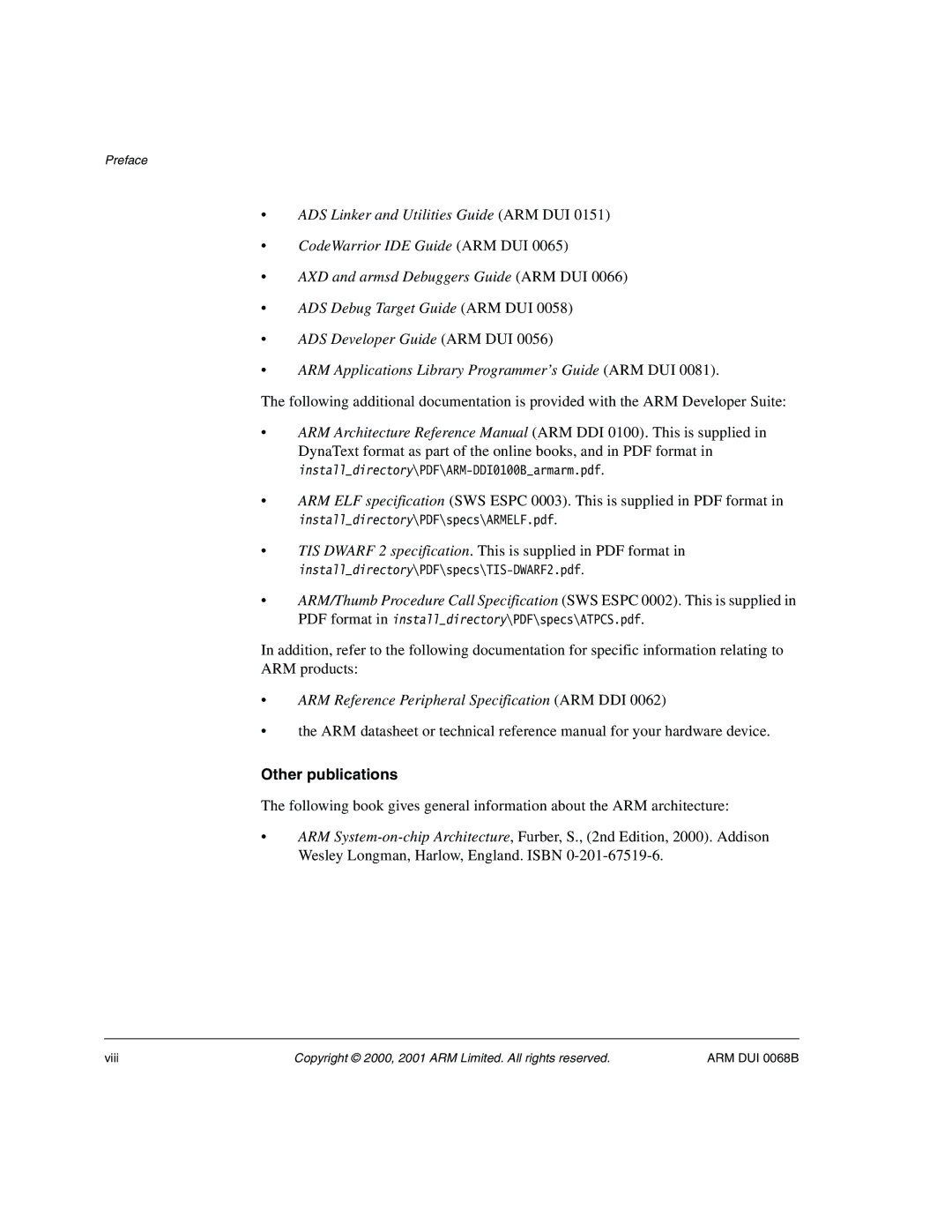 ARM VERSION 1.2 manual ARM Reference Peripheral Specification ARM DDI, Other publications 