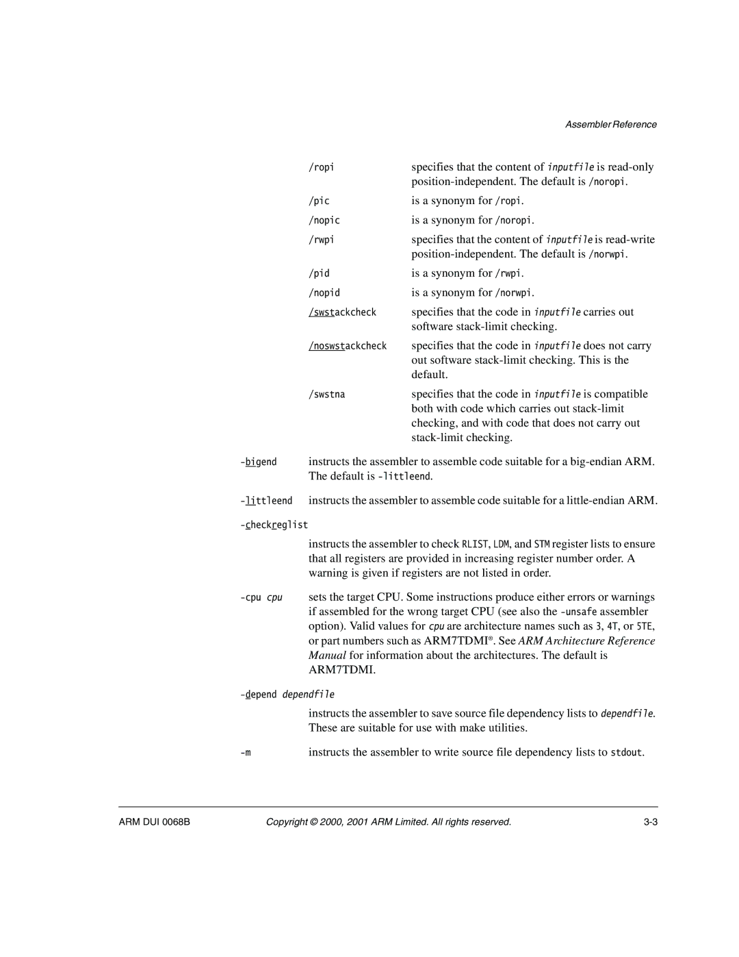 ARM VERSION 1.2 manual Specifies that the content of inputfile is read-only, Position-independent. The default is /noropi 