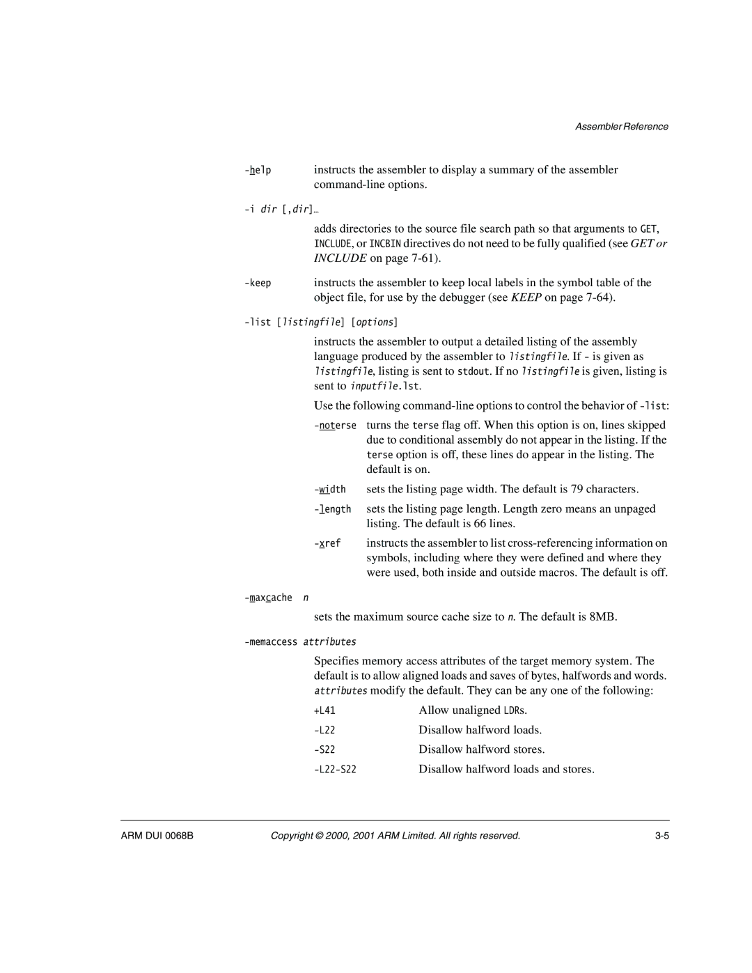 ARM VERSION 1.2 manual Command-line options, Object file, for use by the debugger see Keep on, Allow unaligned LDRs 