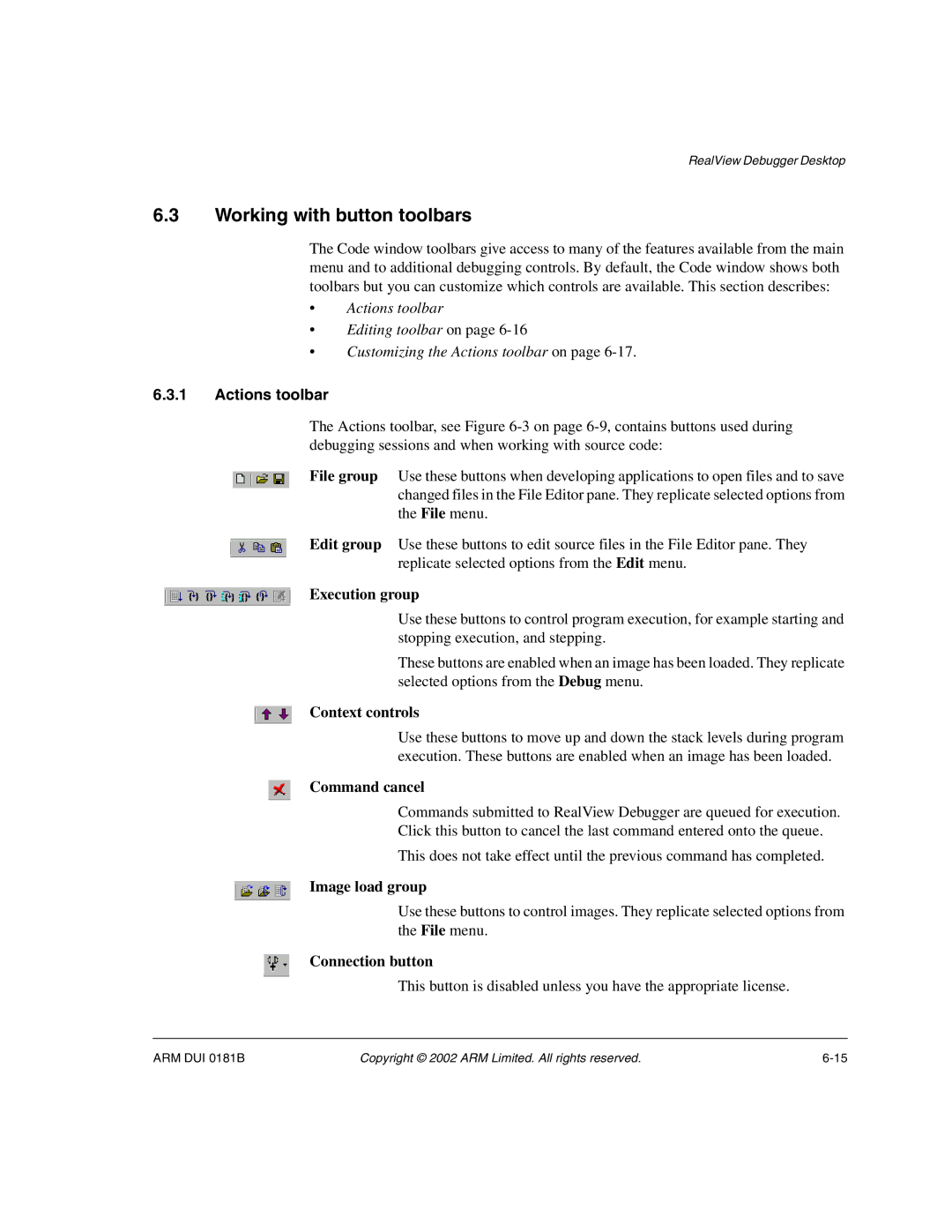 ARM Version 1.6 manual Working with button toolbars, Actions toolbar 