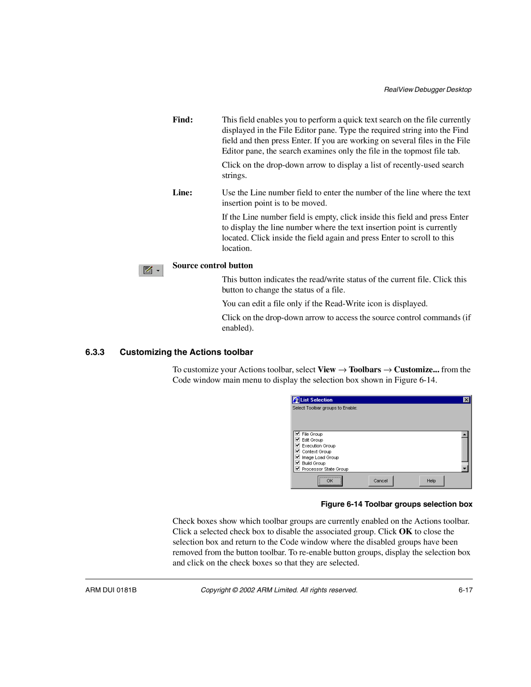 ARM Version 1.6 manual Source control button, Customizing the Actions toolbar 