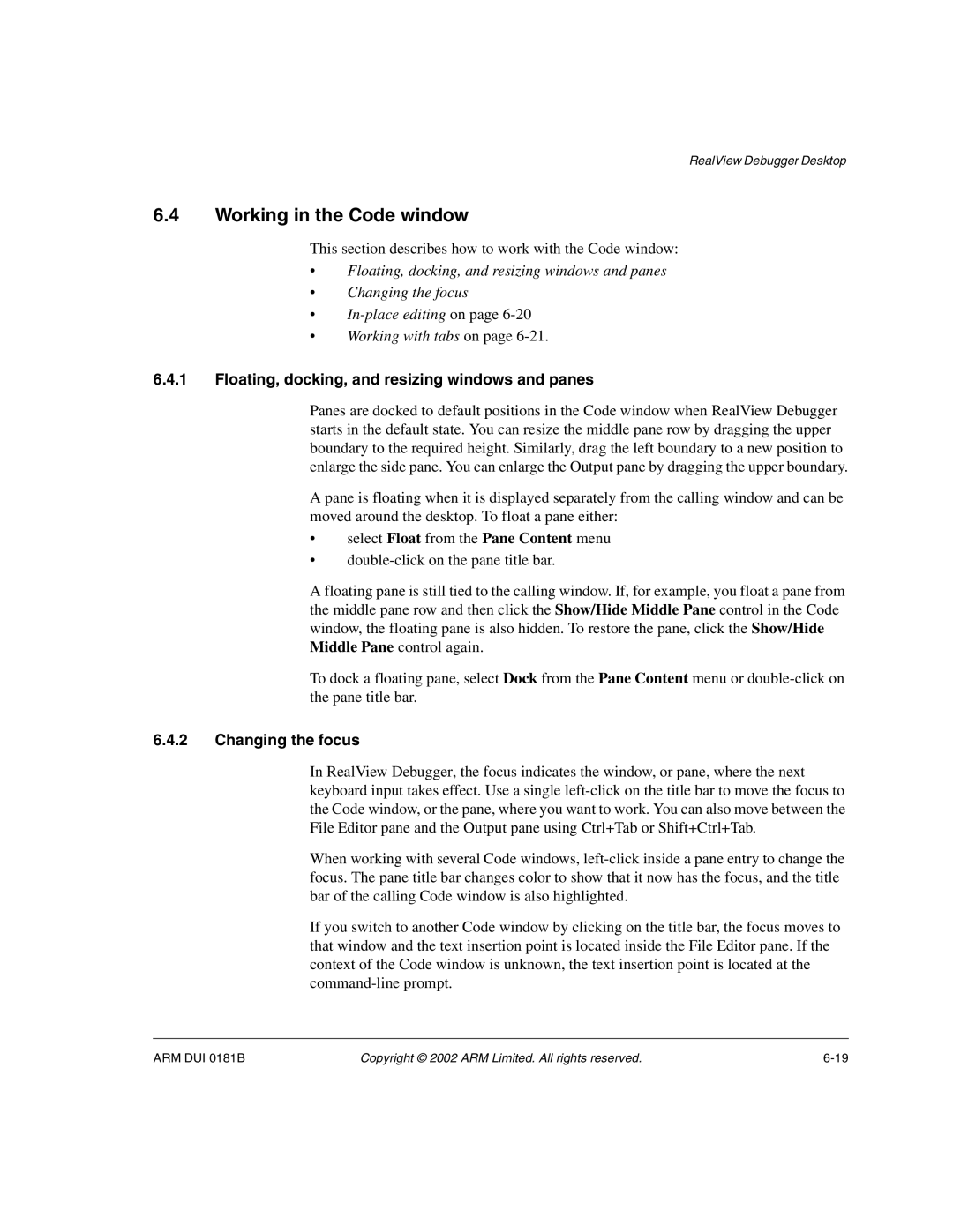 ARM Version 1.6 manual Working in the Code window, Floating, docking, and resizing windows and panes, Changing the focus 