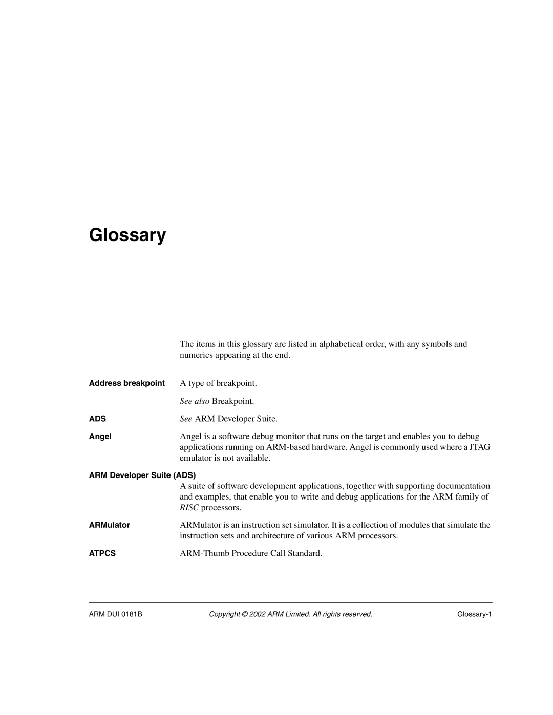 ARM Version 1.6 manual Glossary, ARM-Thumb Procedure Call Standard 