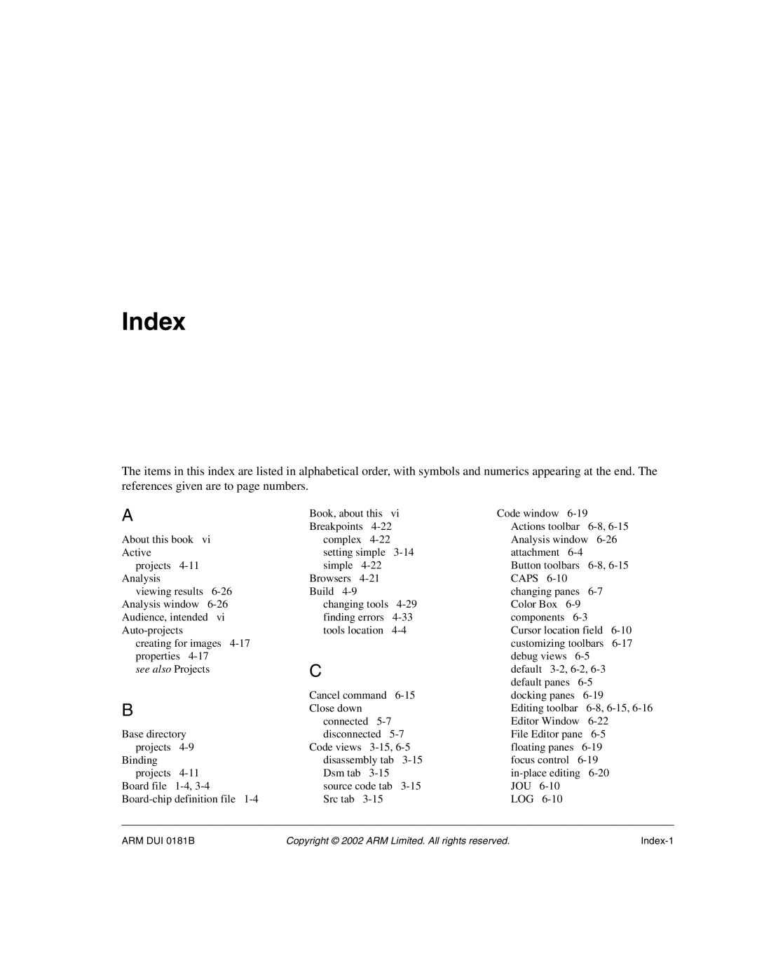 ARM Version 1.6 manual Index, Caps 