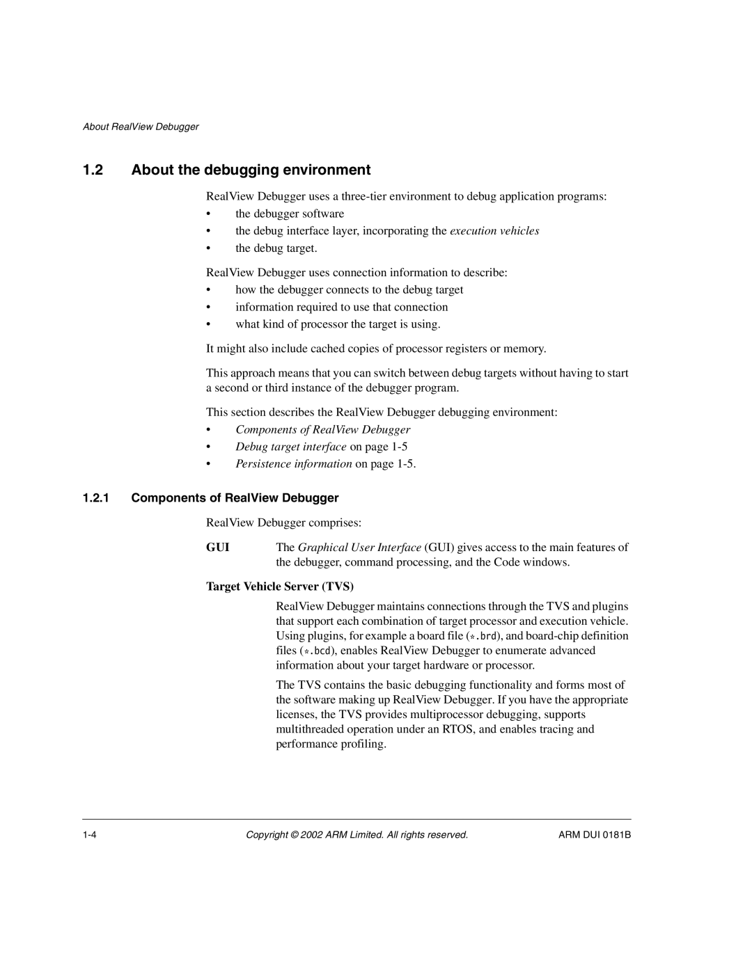 ARM Version 1.6 manual About the debugging environment, Components of RealView Debugger, Target Vehicle Server TVS 