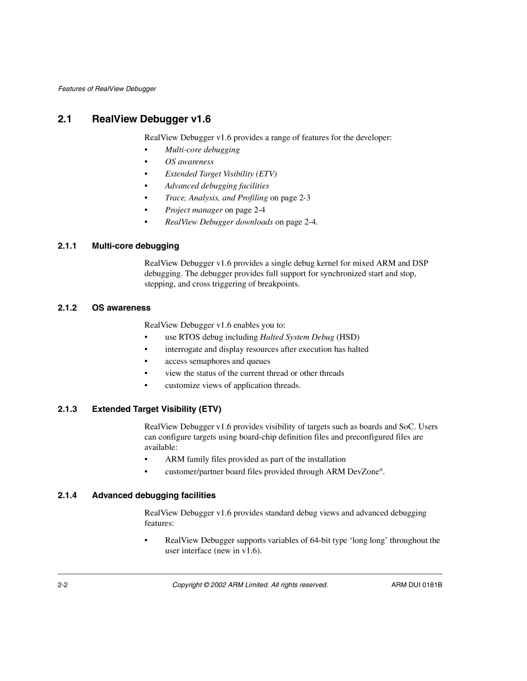 ARM Version 1.6 manual Multi-core debugging, OS awareness, Extended Target Visibility ETV, Advanced debugging facilities 