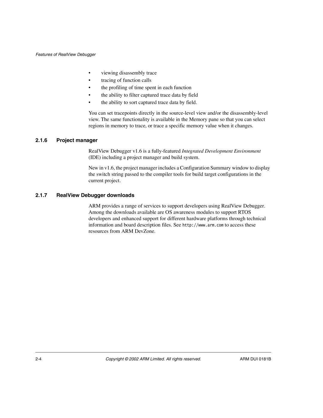 ARM Version 1.6 manual Project manager, RealView Debugger downloads 