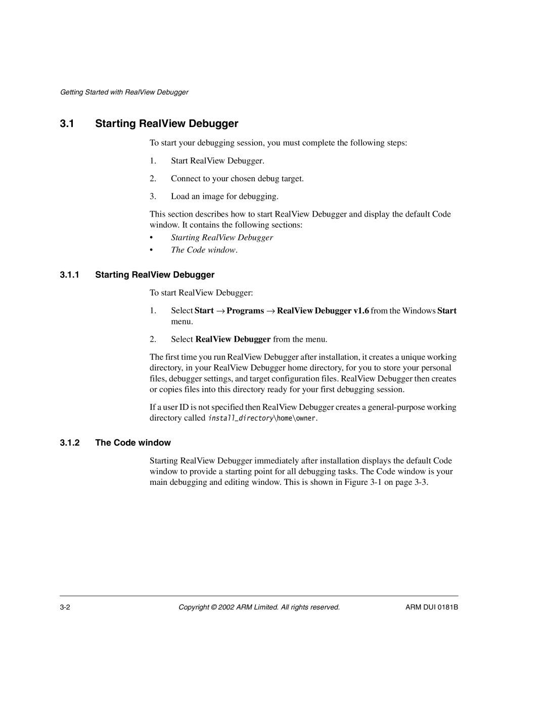 ARM Version 1.6 manual Starting RealView Debugger, Code window 