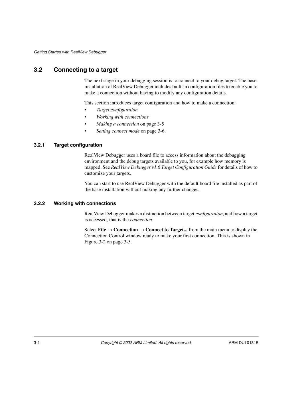 ARM Version 1.6 manual Connecting to a target, Target configuration, Working with connections 