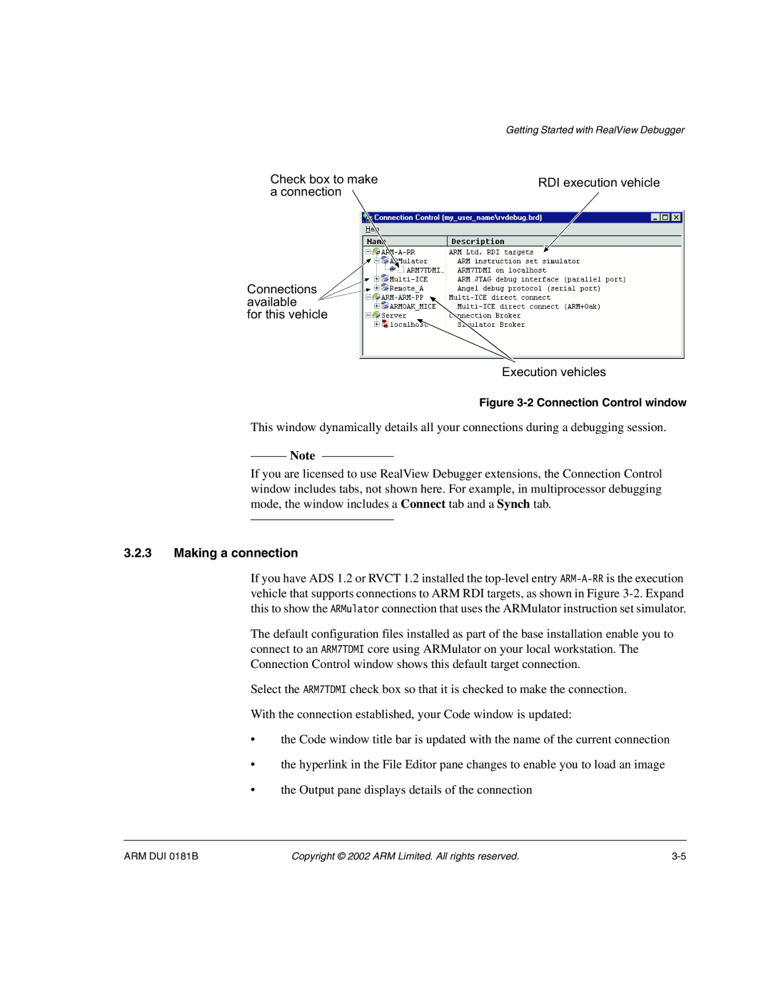 ARM Version 1.6 manual Making a connection, Connection Control window 