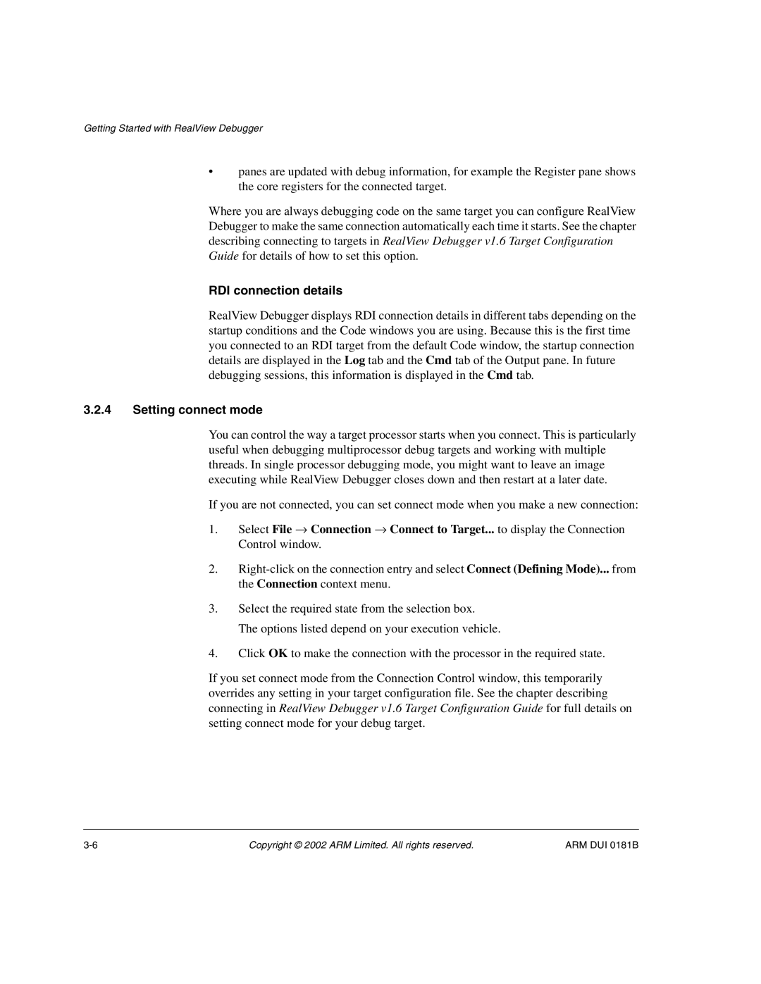 ARM Version 1.6 manual RDI connection details, Setting connect mode 