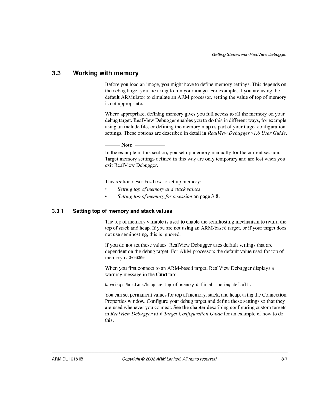 ARM Version 1.6 manual Working with memory, Setting top of memory and stack values 