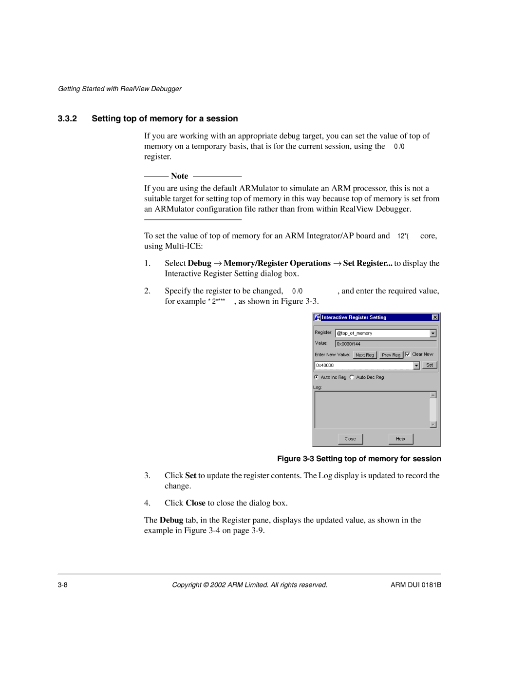 ARM Version 1.6 manual Setting top of memory for a session, Setting top of memory for session 