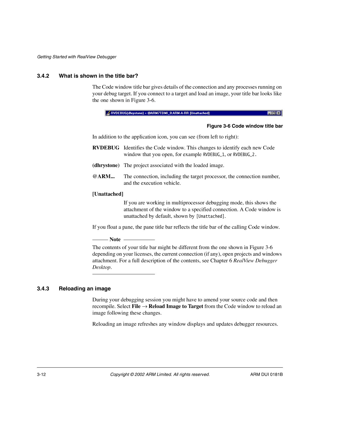 ARM Version 1.6 manual What is shown in the title bar?, Unattached, Reloading an image 