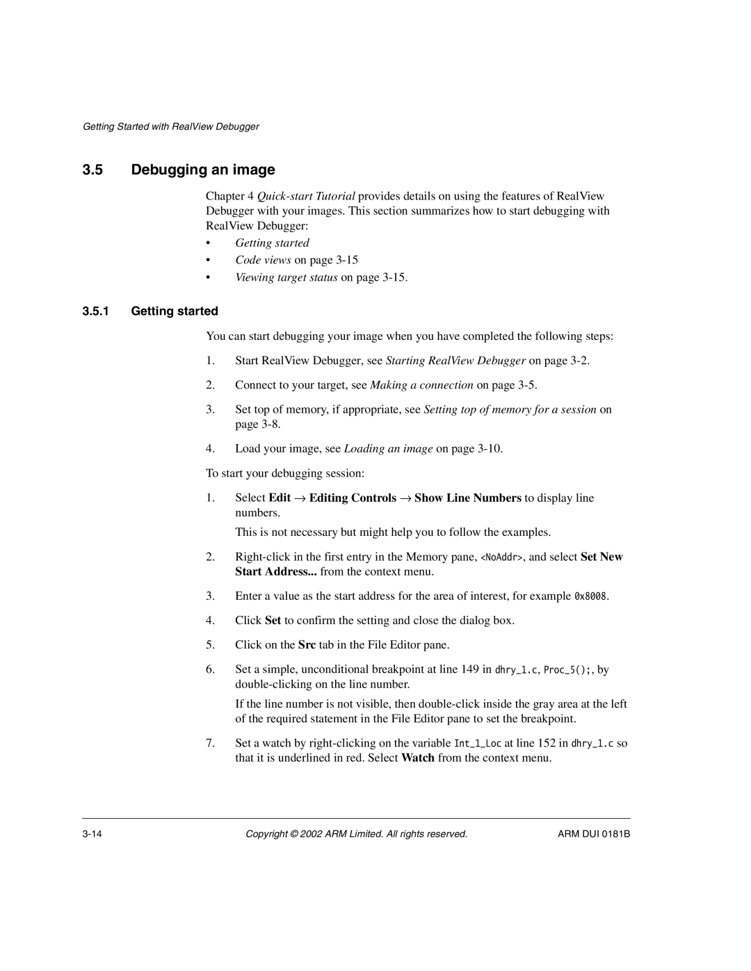 ARM Version 1.6 manual Debugging an image, Getting started 