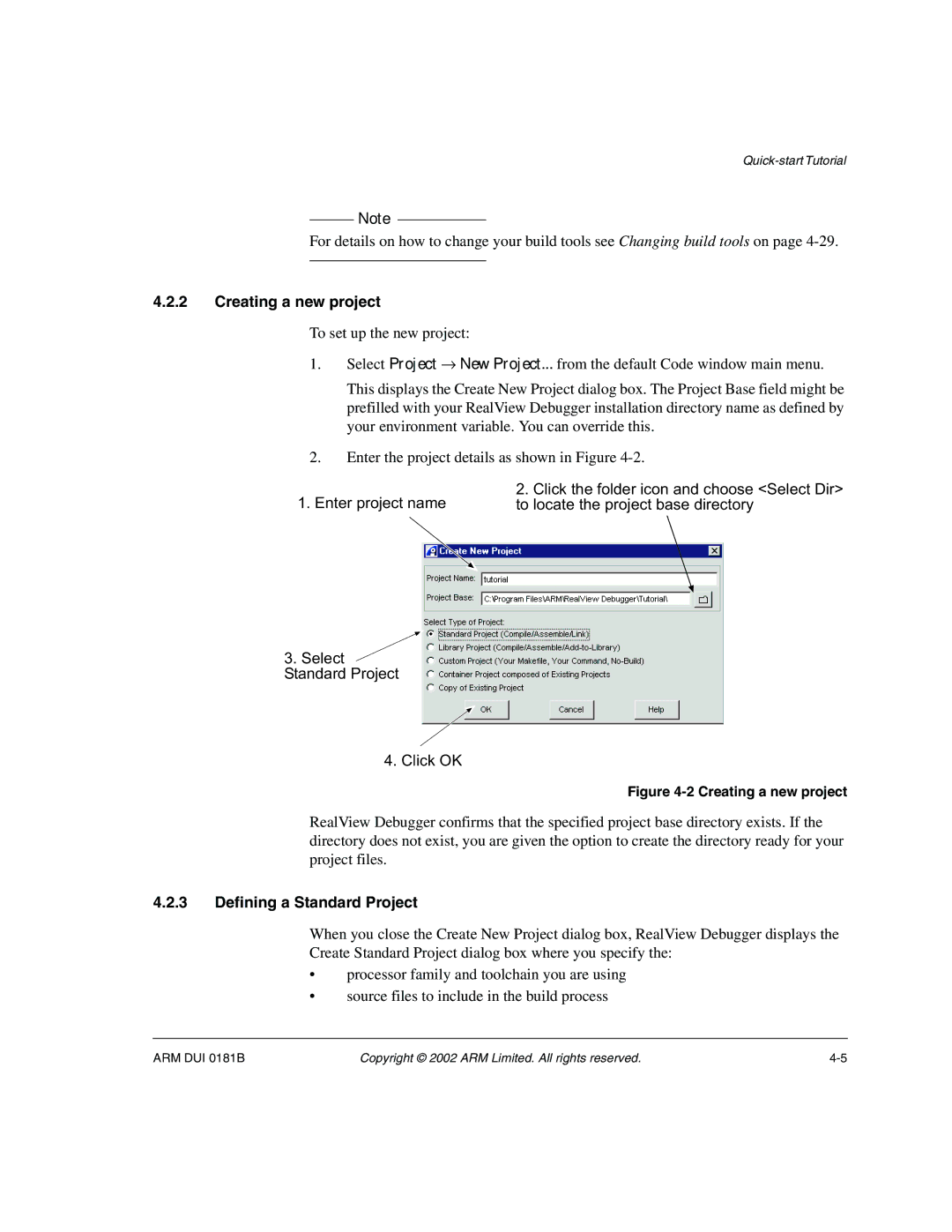 ARM Version 1.6 manual Creating a new project, Defining a Standard Project 