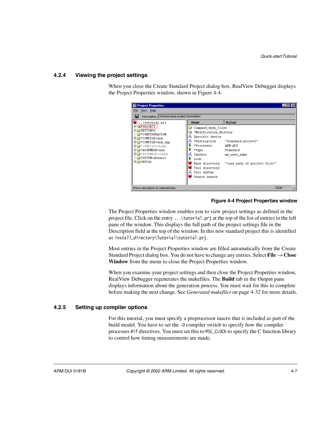 ARM Version 1.6 manual Viewing the project settings, Setting up compiler options 