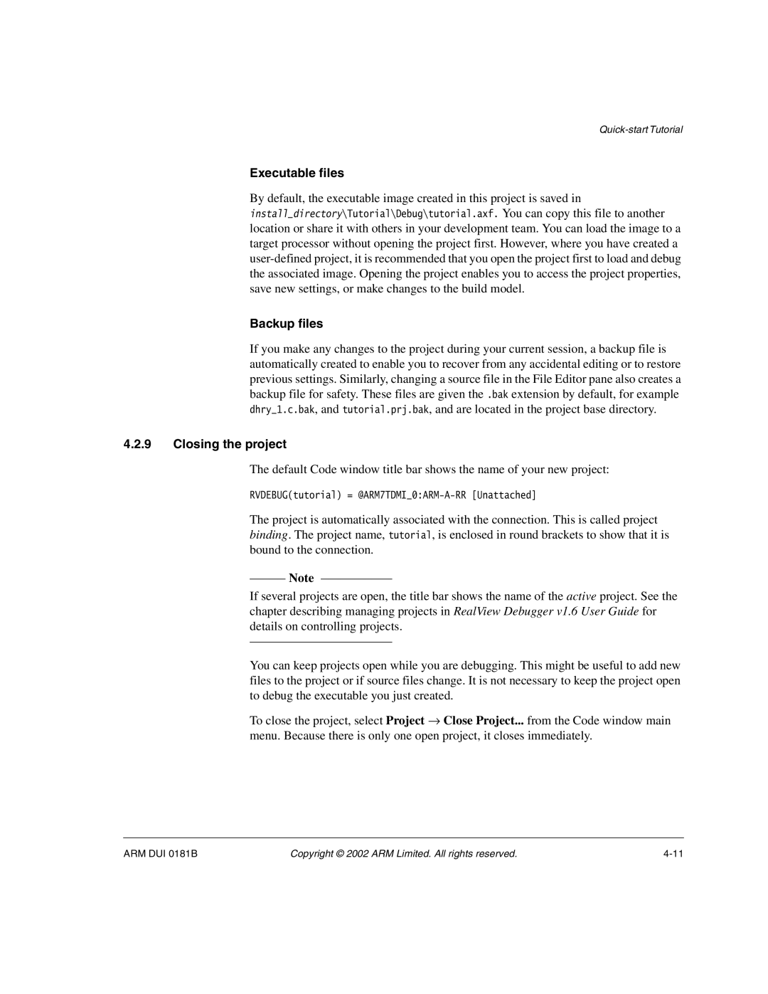 ARM Version 1.6 manual Executable files, Backup files, Closing the project 