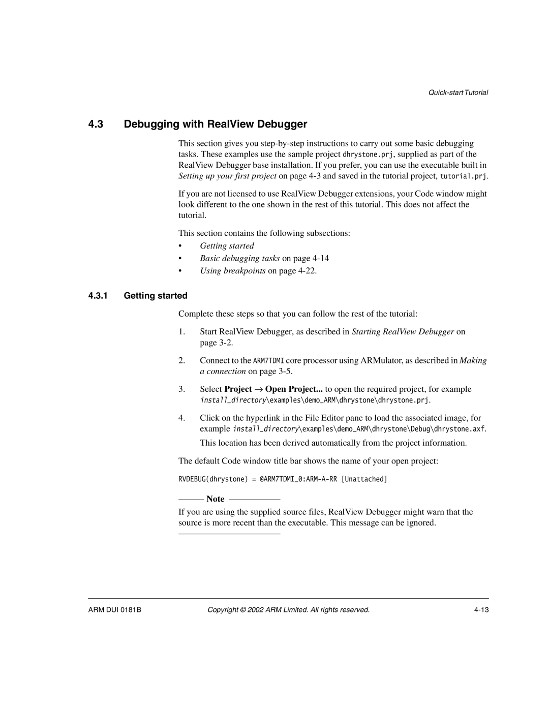 ARM Version 1.6 manual Debugging with RealView Debugger, Getting started 