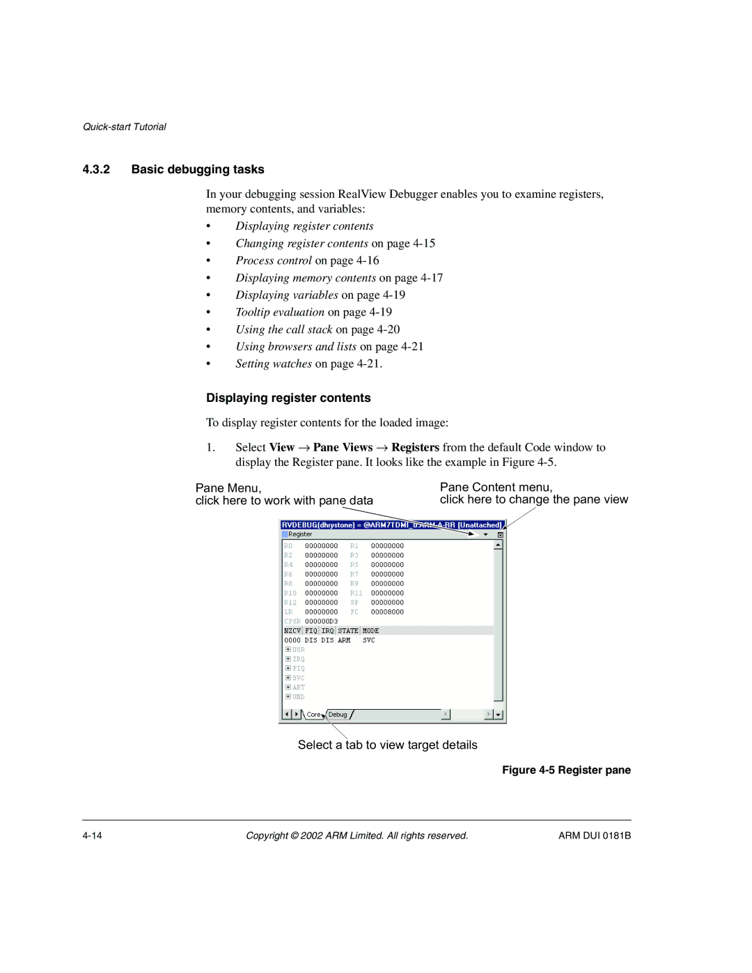 ARM Version 1.6 manual Basic debugging tasks, Displaying register contents 