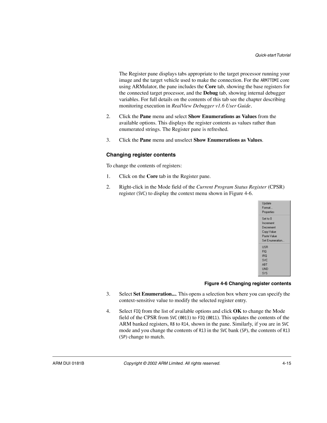 ARM Version 1.6 manual Changing register contents 