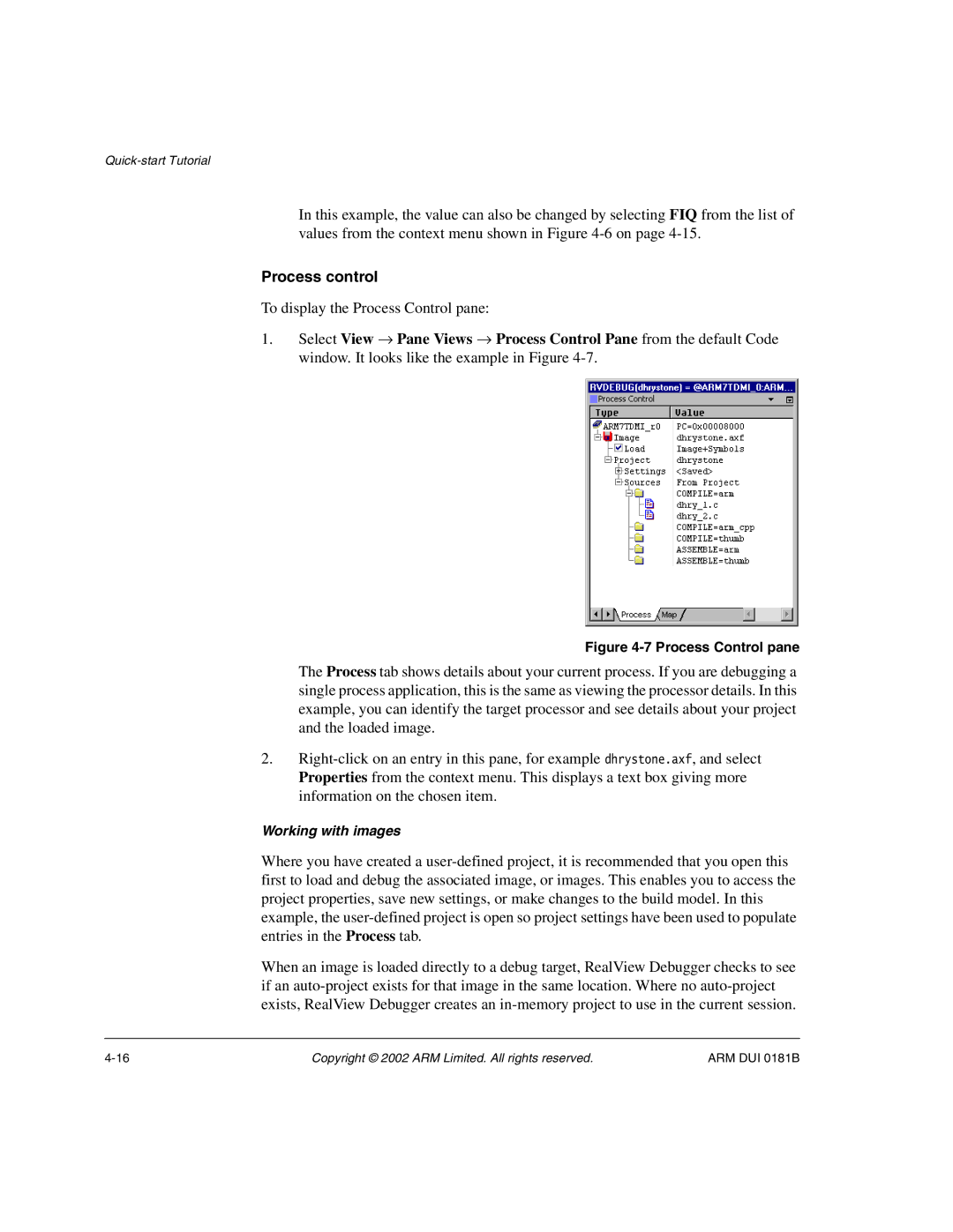 ARM Version 1.6 manual Process control, Process Control pane 