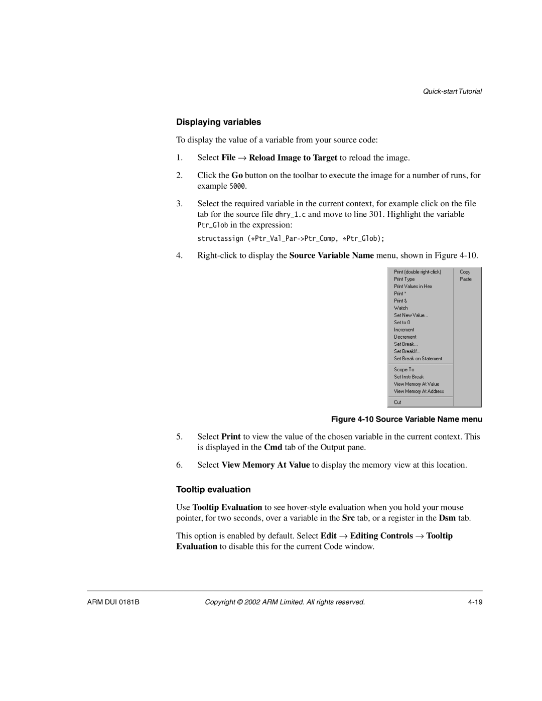 ARM Version 1.6 manual Displaying variables, Select File → Reload Image to Target to reload the image, Tooltip evaluation 