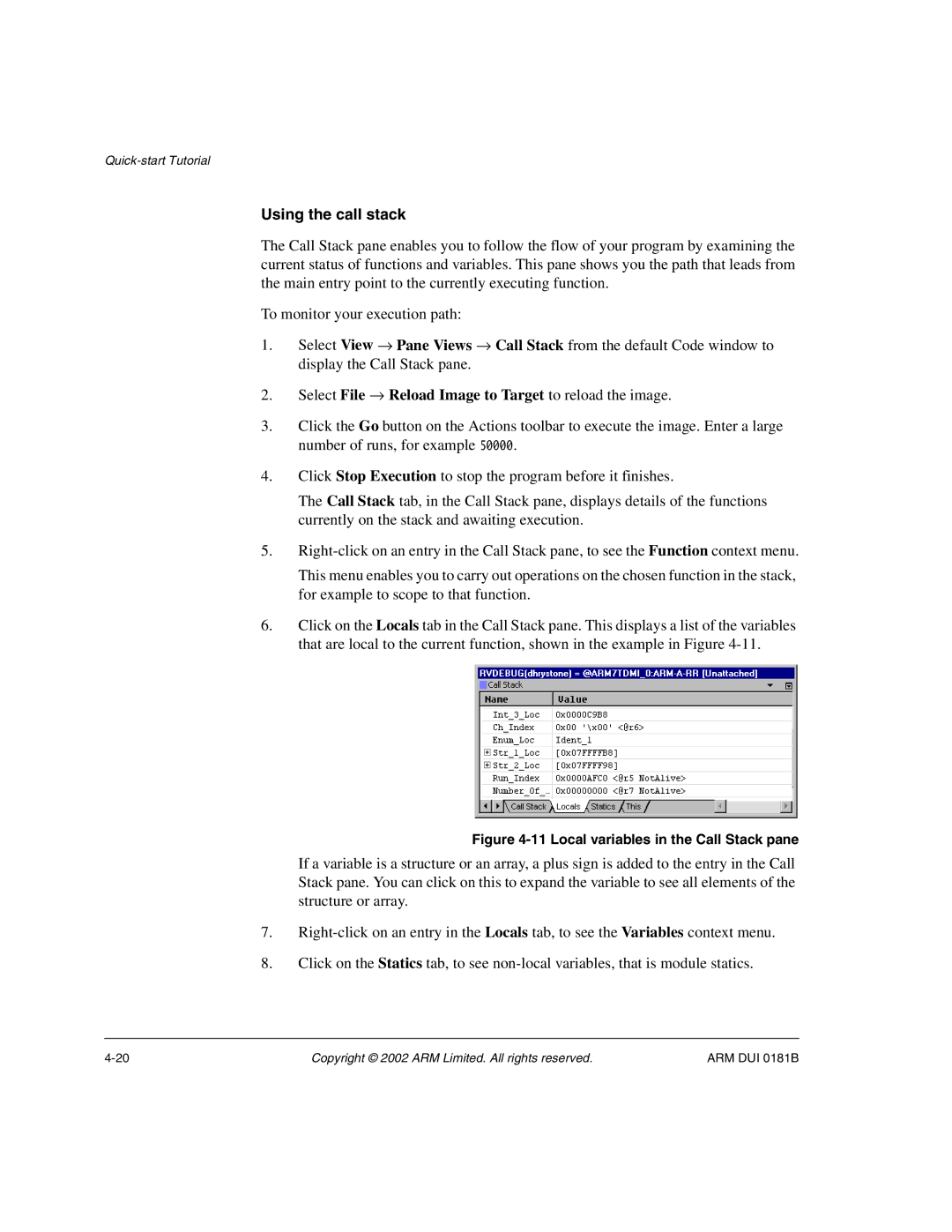 ARM Version 1.6 manual Using the call stack, Local variables in the Call Stack pane 