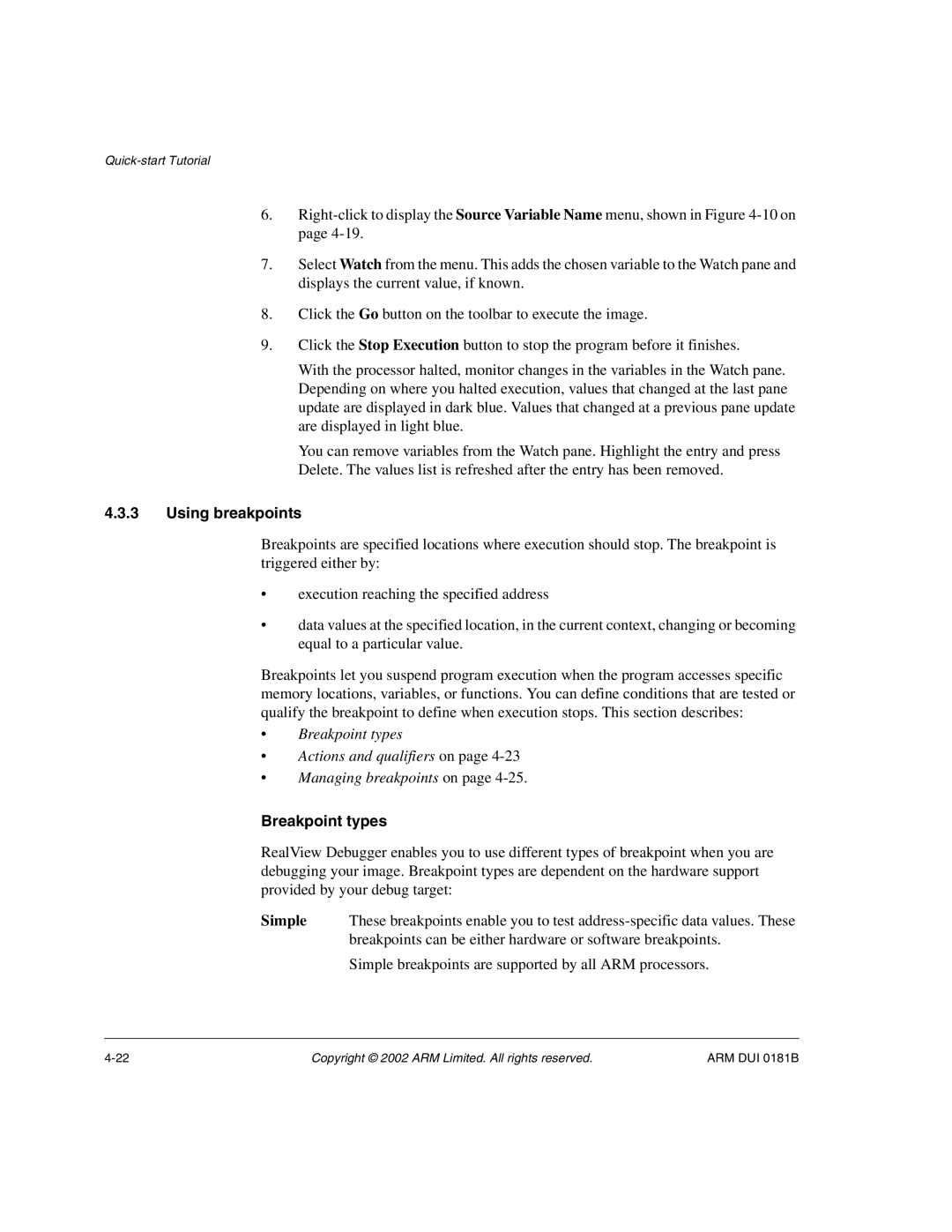 ARM Version 1.6 manual Using breakpoints, Breakpoint types 