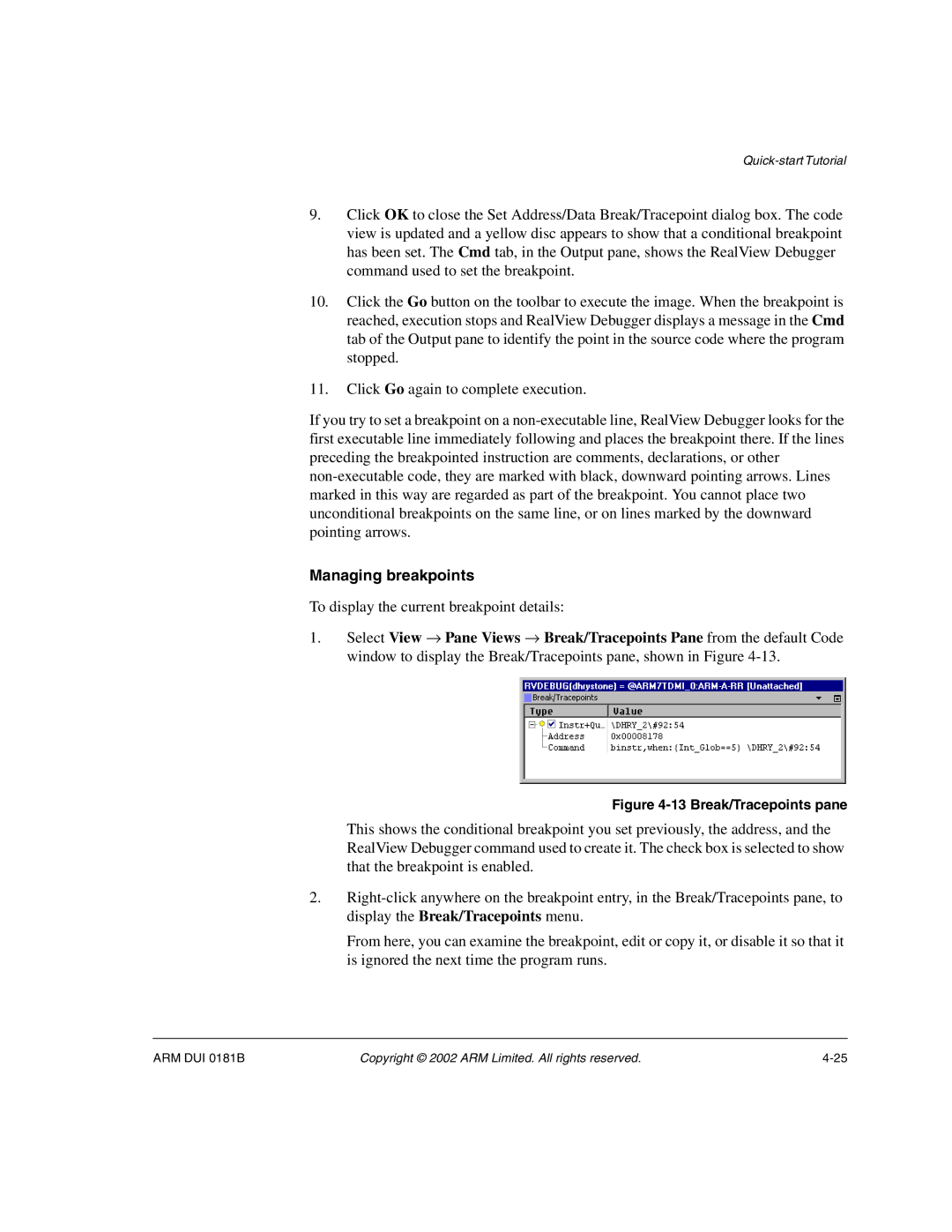 ARM Version 1.6 manual Managing breakpoints, Break/Tracepoints pane 