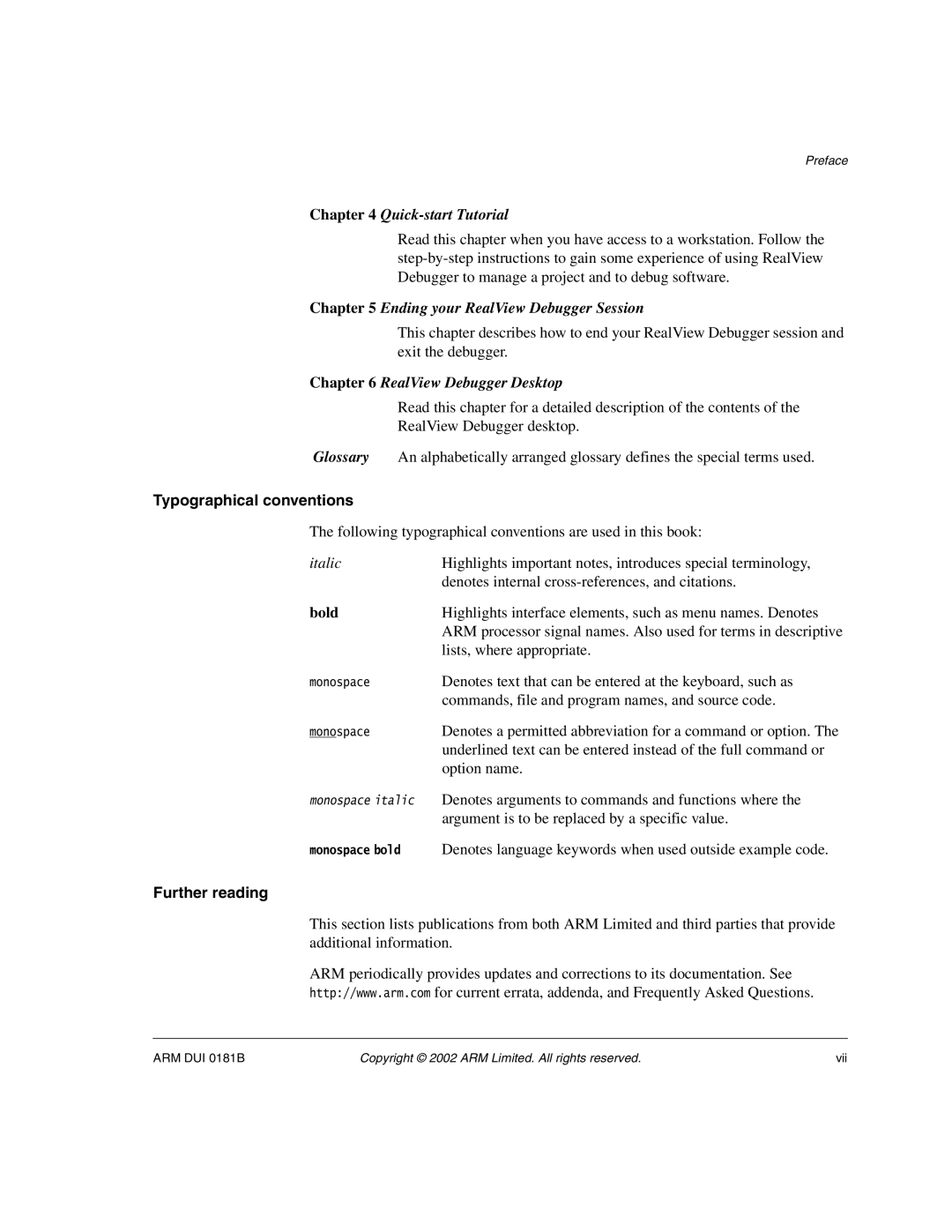 ARM Version 1.6 manual Typographical conventions, Further reading 