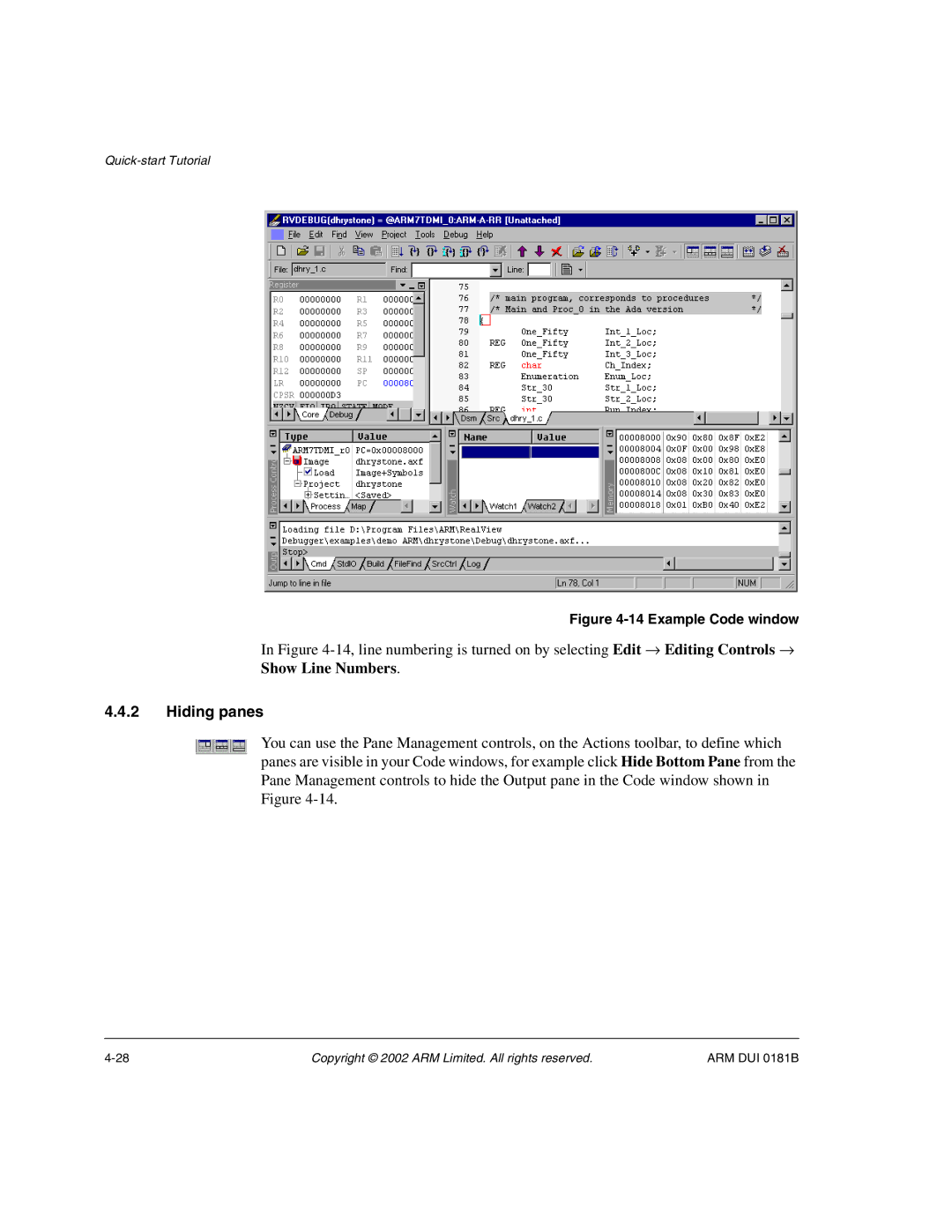 ARM Version 1.6 manual Hiding panes, Example Code window 